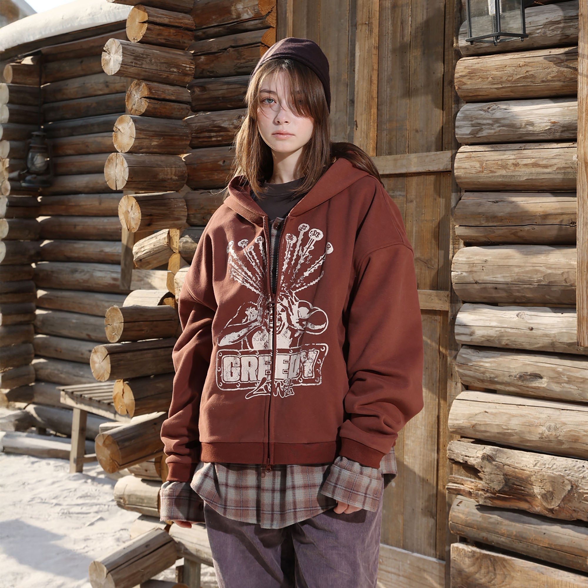 ERROR CODE ROBOT Plaid Faux-Layered Hooded Jacket