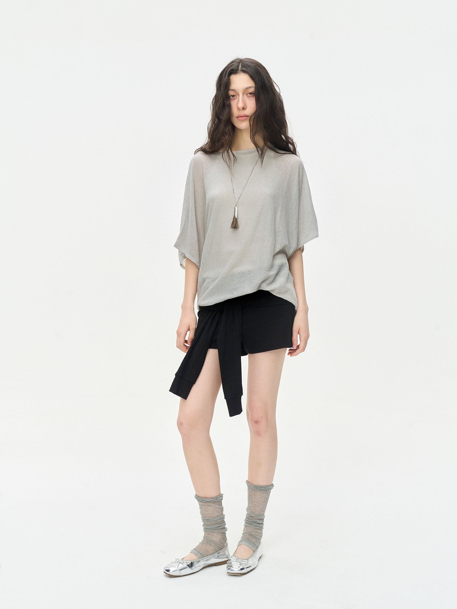 LEONSENSE Sheer Draped Batwing Knit Top