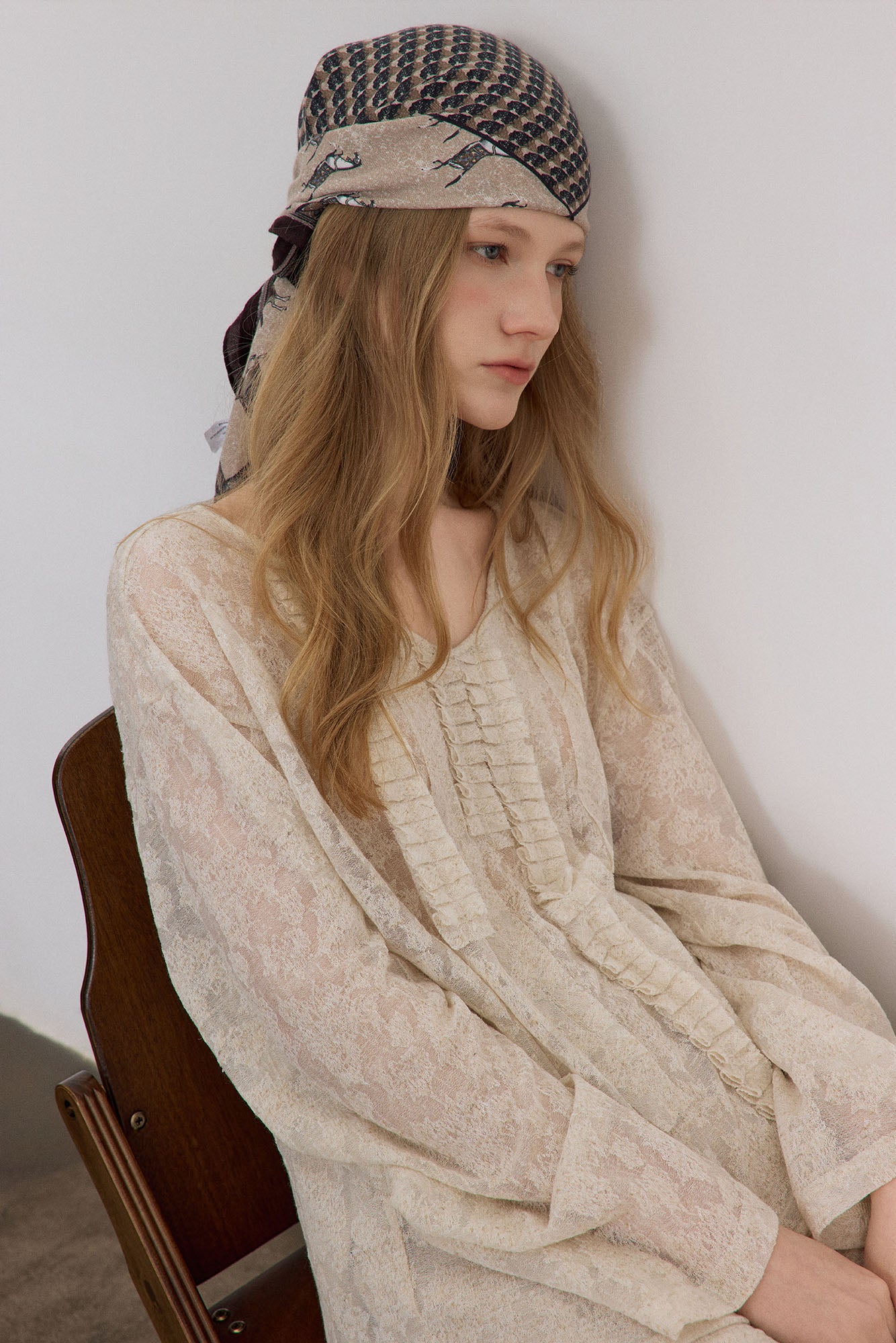 SAME FLOW Sheer Floral Pintuck Long-Sleeve Tee