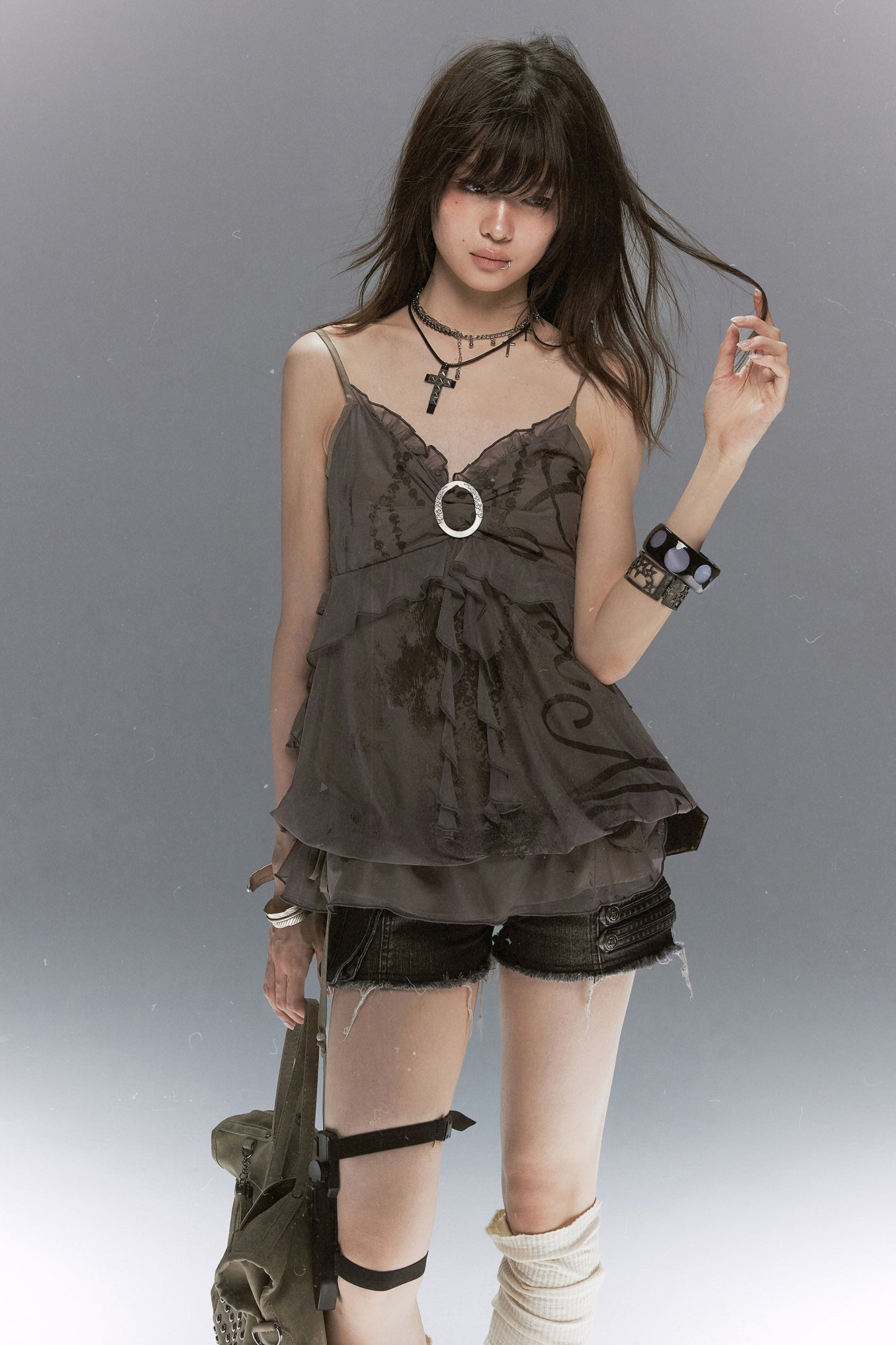CESTNOUS Layered Ruffle Graphic Cami Top