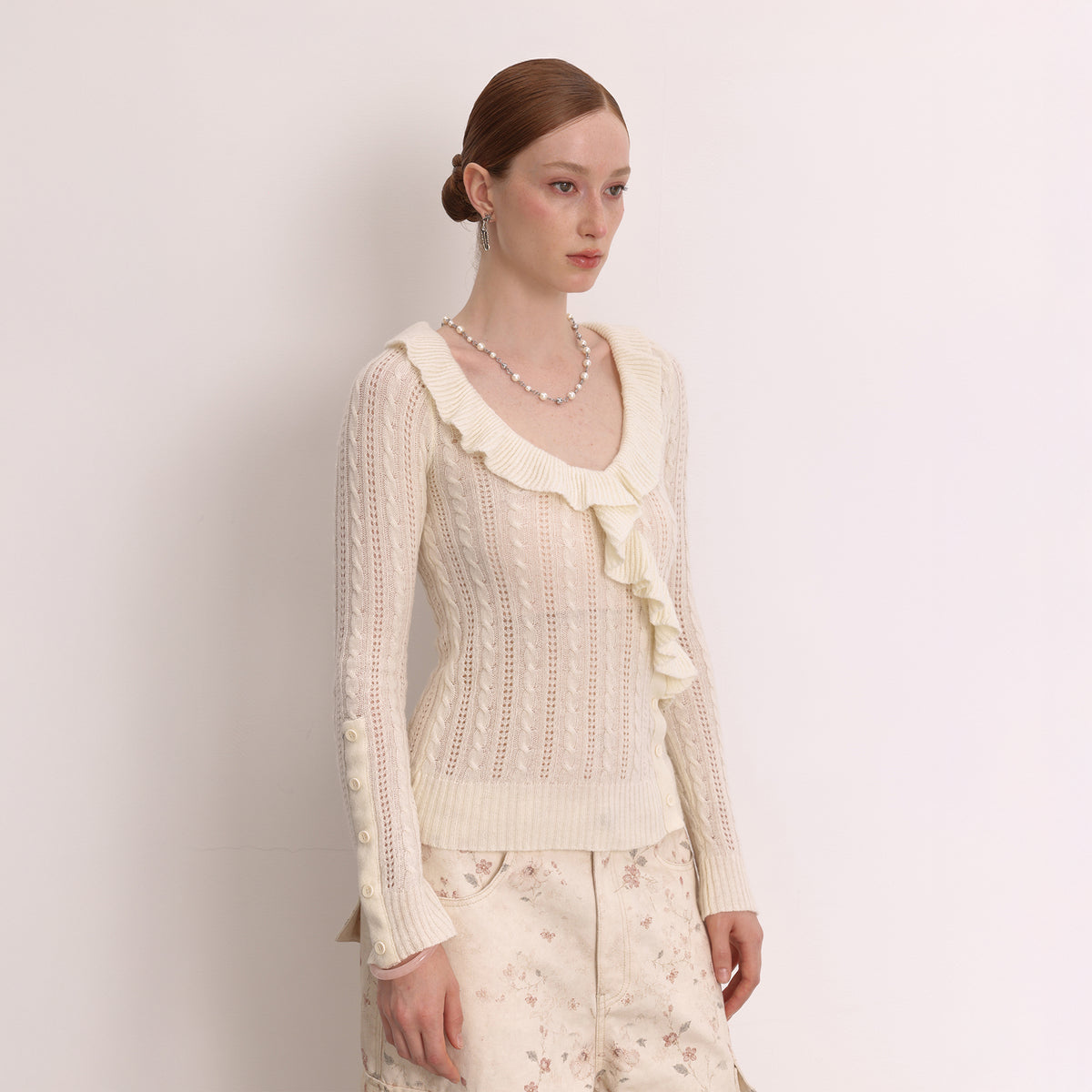 FAYCHUI Cable-Knit Cut-Out Ruffle-Hem Slim Sweater