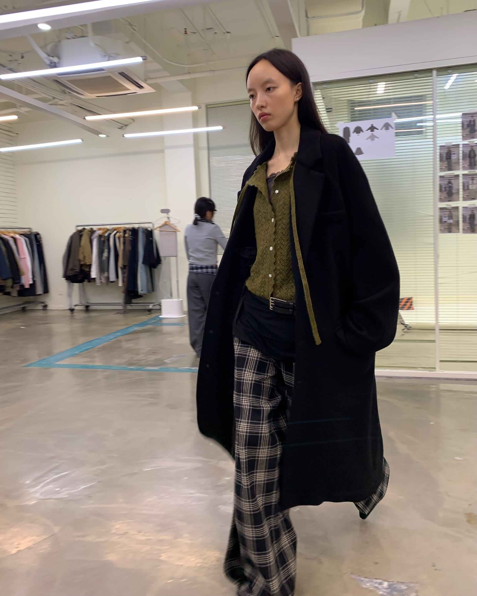 NEVERSEEZ Plaid Ribbed Waist Straight-Leg Pants