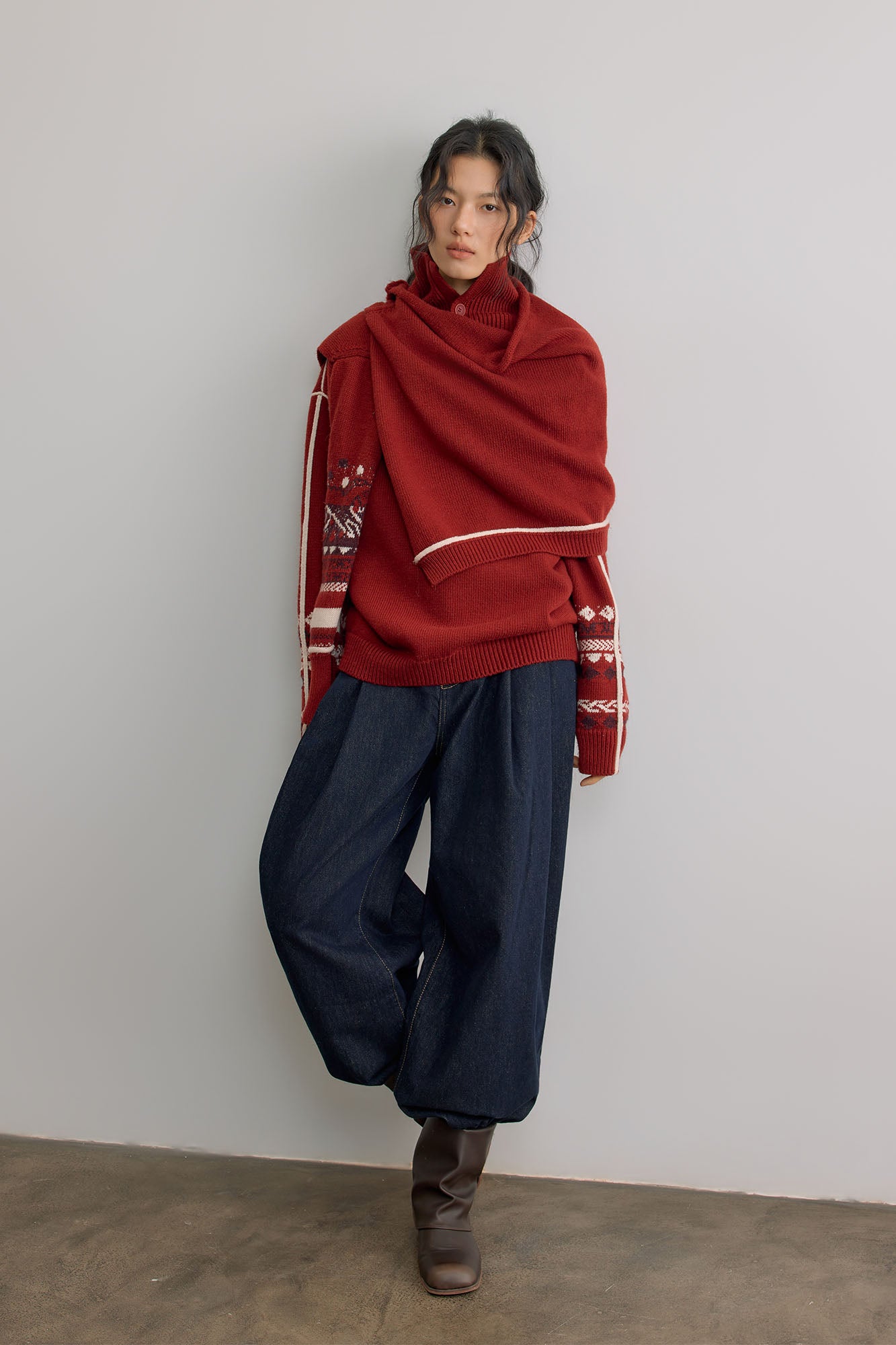 SAME FLOW Retro Jacquard Sleeve Sweater & Shawl Set