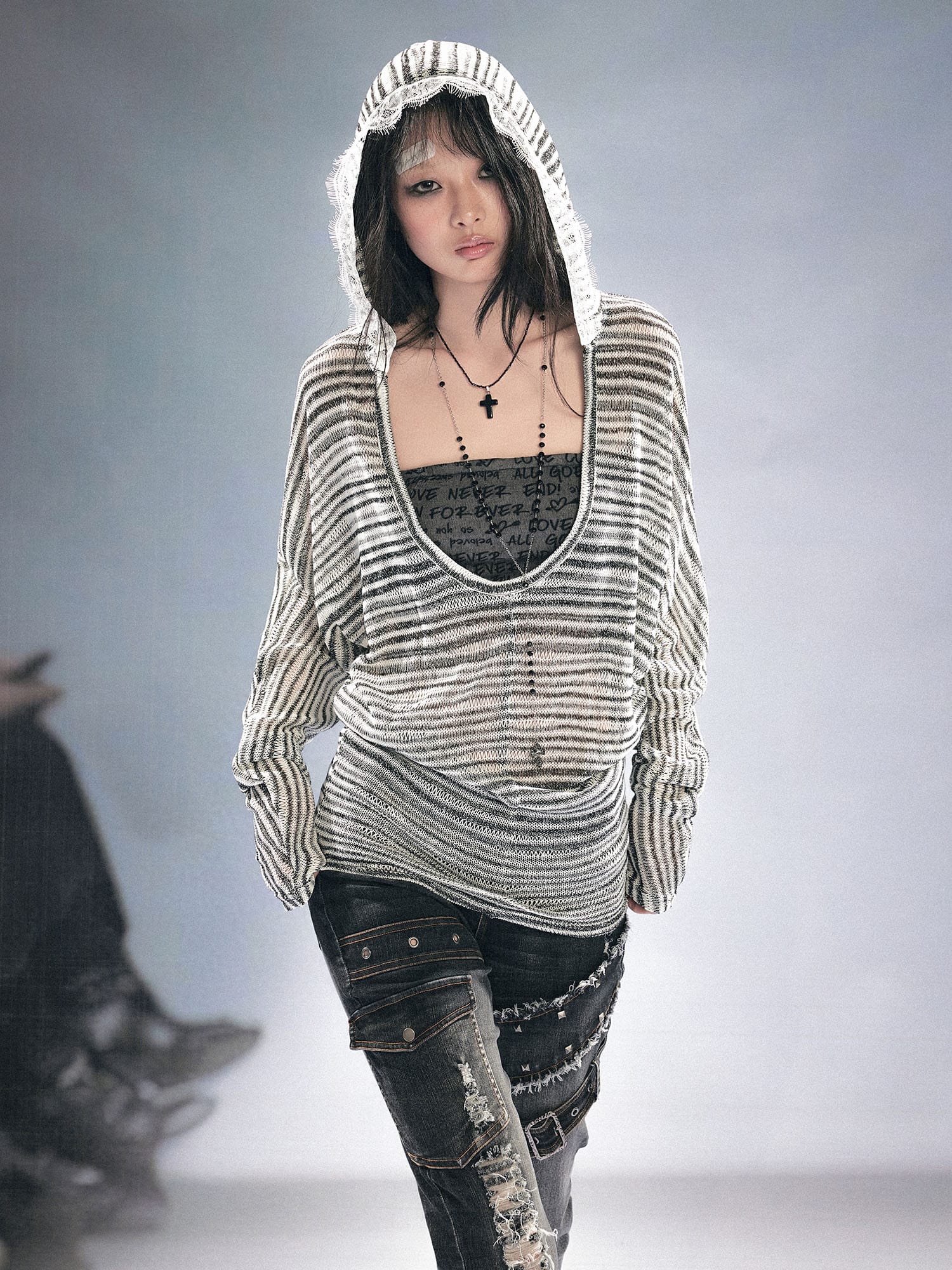 CESTNOUS Striped Sheer Hooded Long-Sleeve Tee