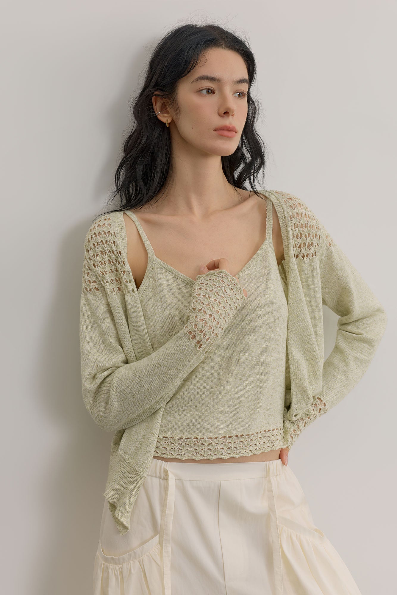 SAME FLOW Open-Knit Cropped Cardigan Set