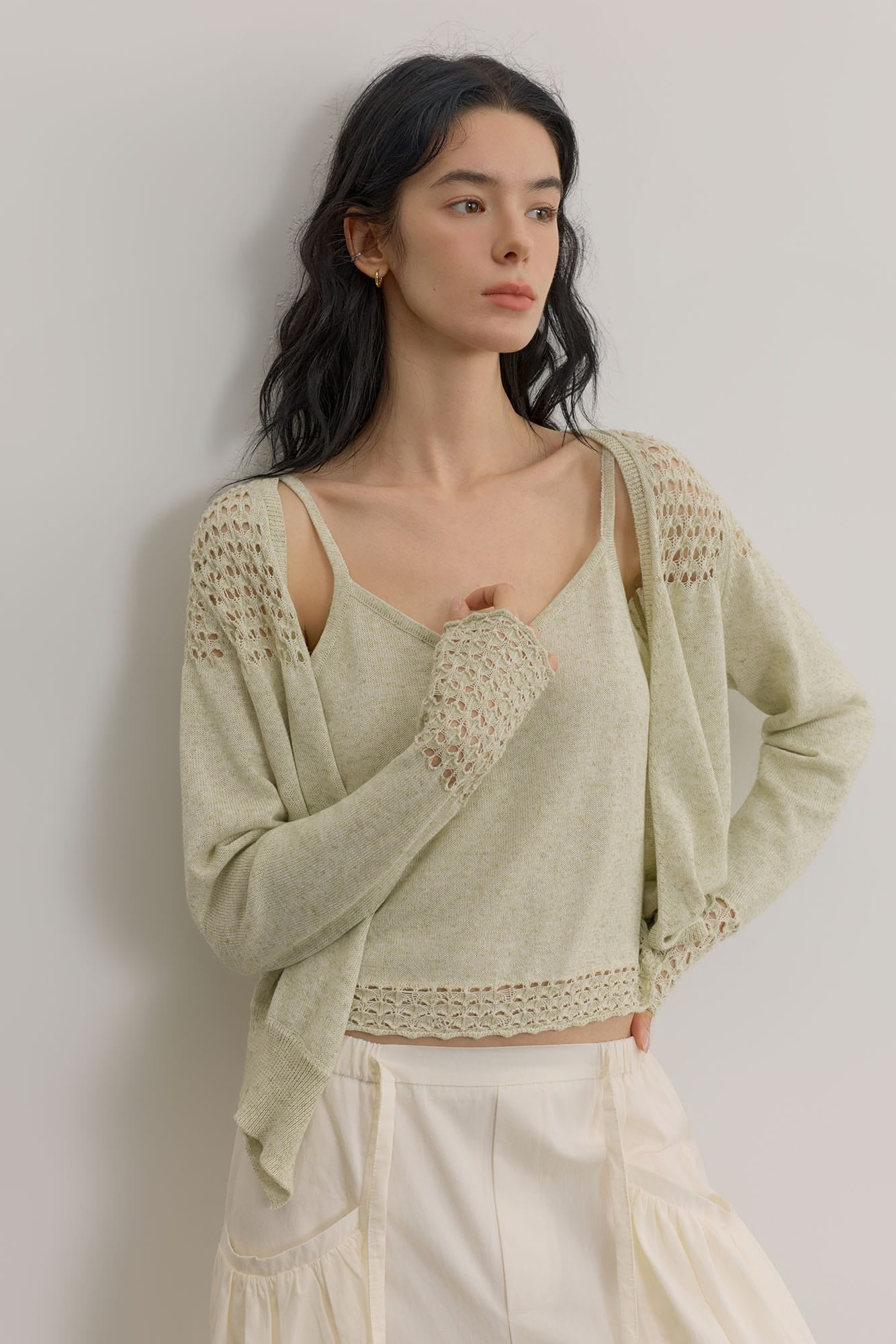SAME FLOW Open-Knit Cropped Cardigan Set