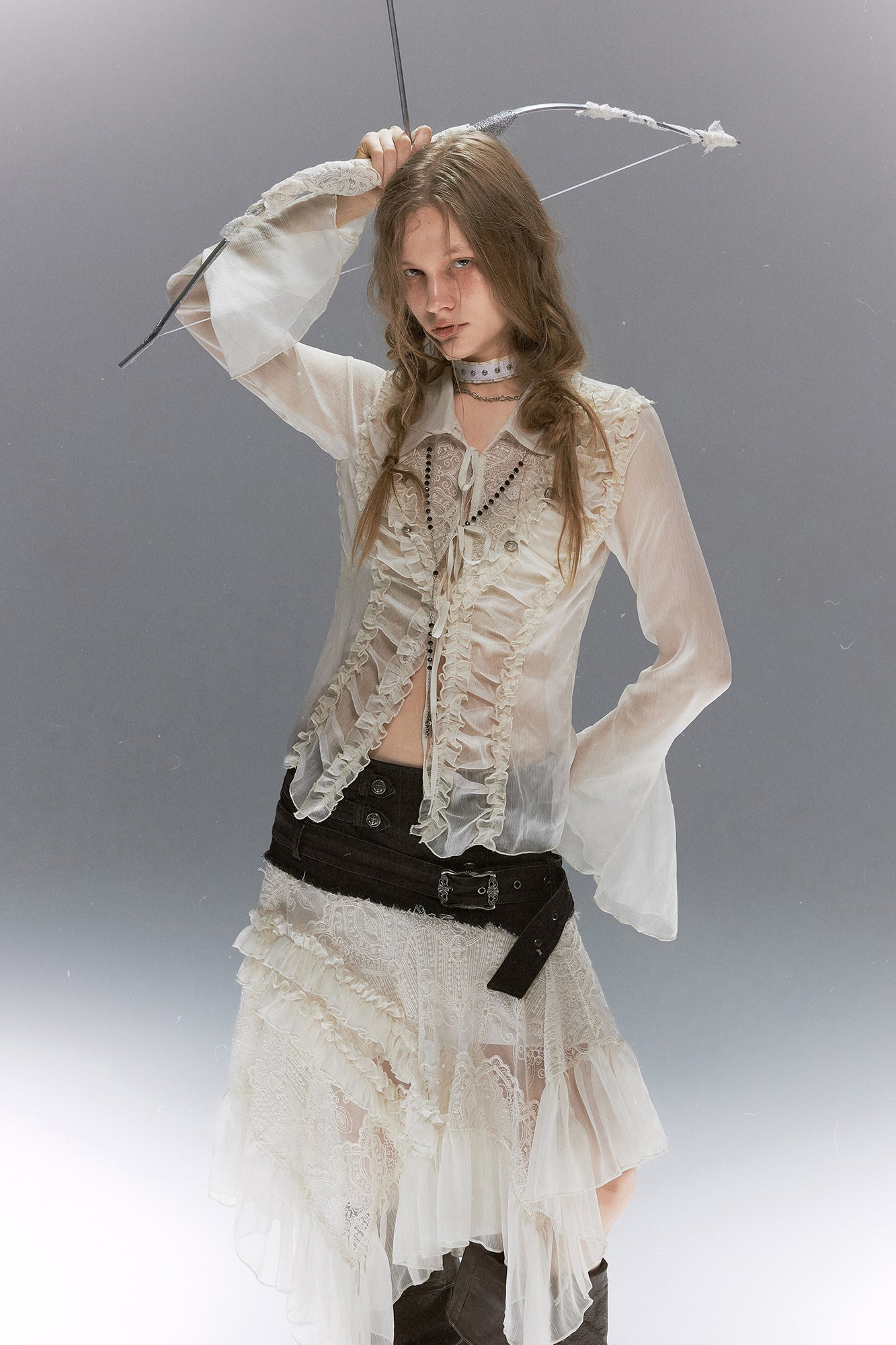 CESTNOUS Ruffle Lace-Panel Bell-Sleeve Shirt