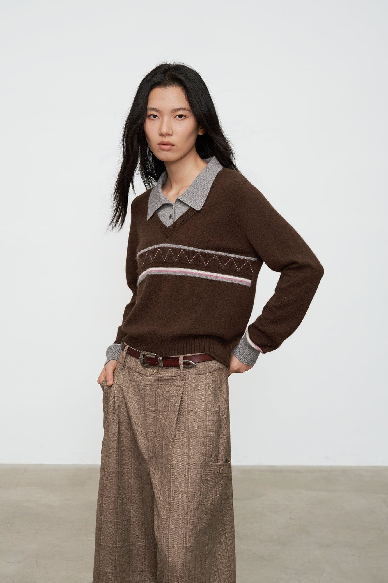 SAME FLOW Faux-Layered Knit Polo Sweater