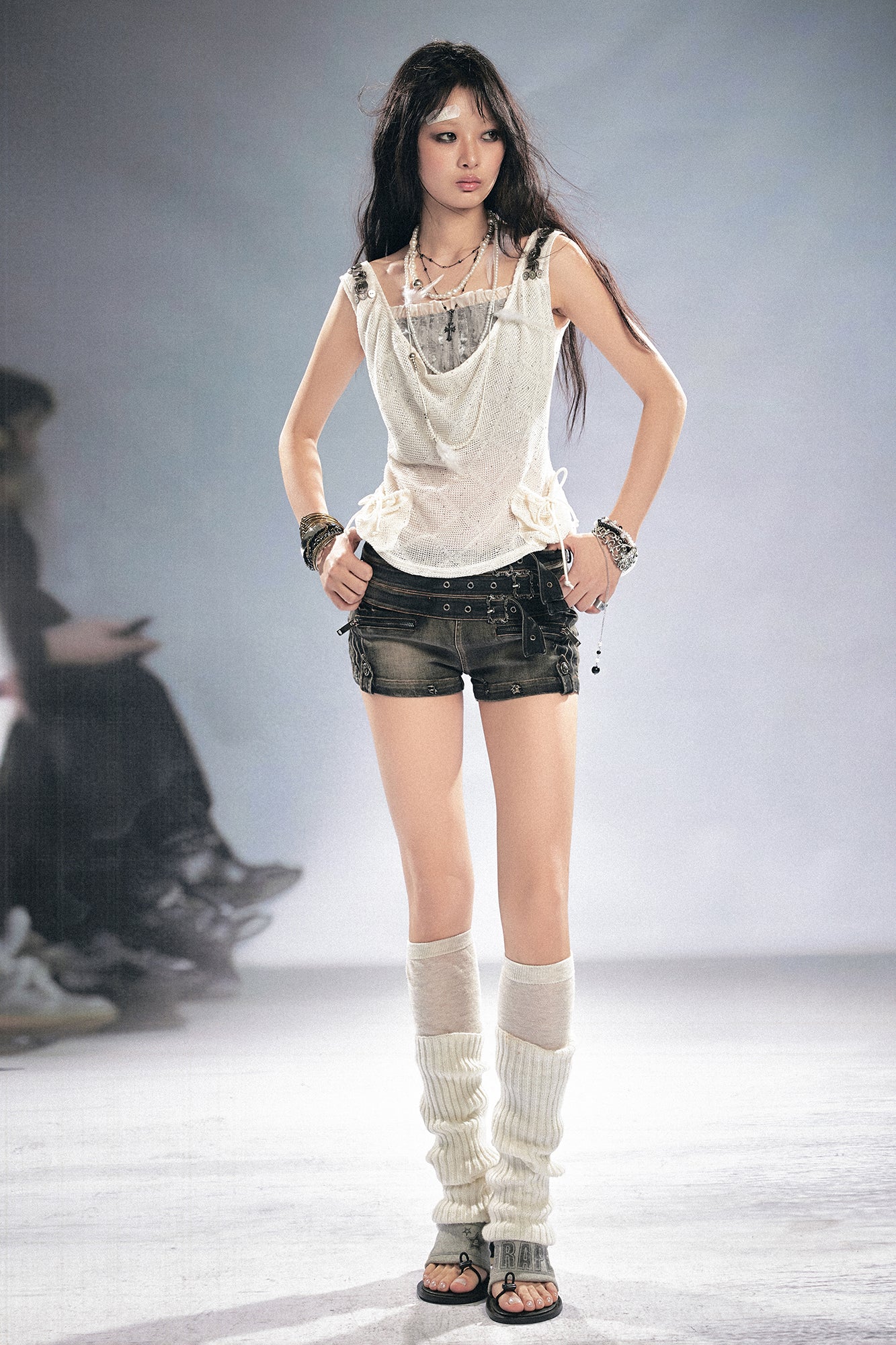 CESTNOUS Sheer Openwork Cowl Tank Top