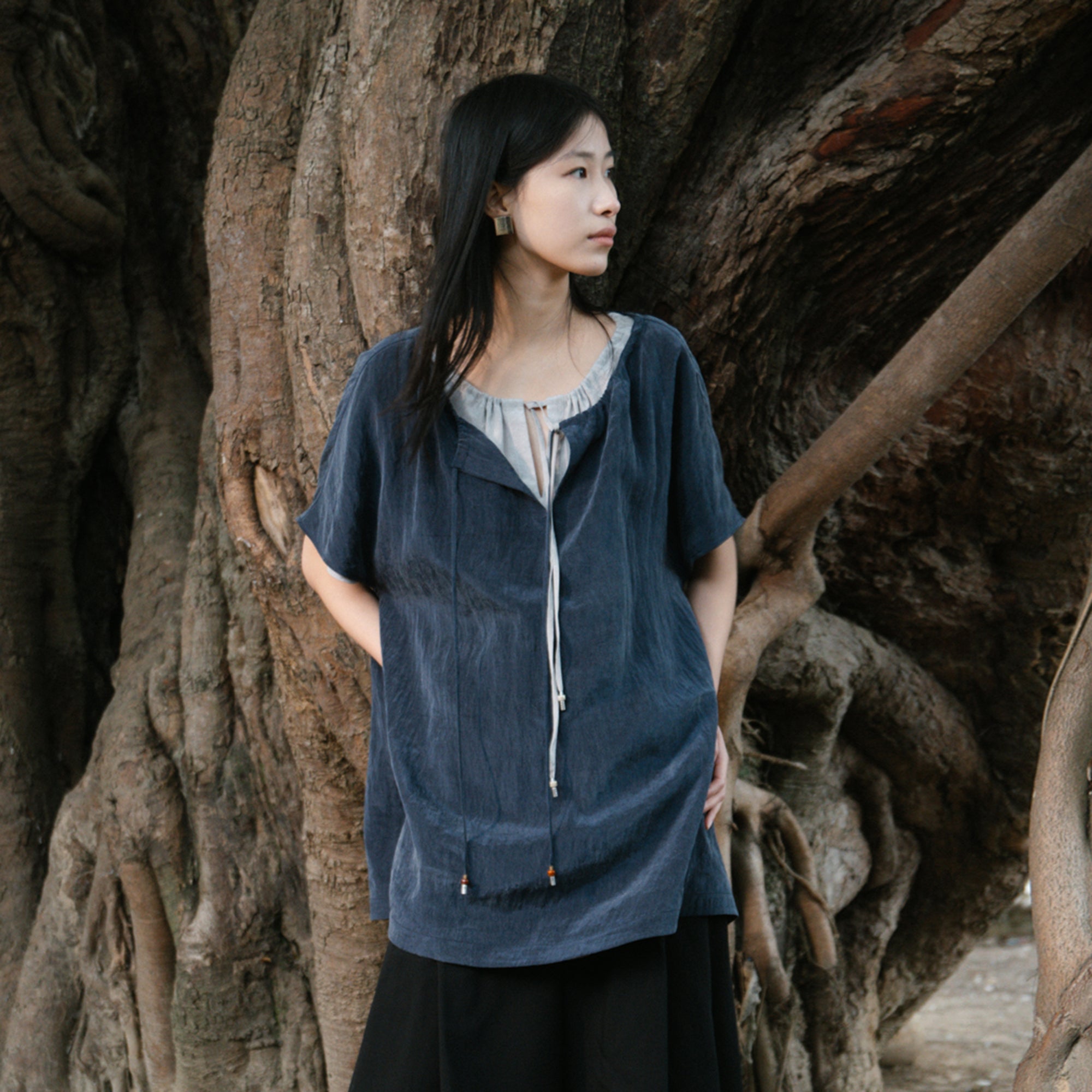 CAIRA Washed Drawstring Neck T-Shirt
