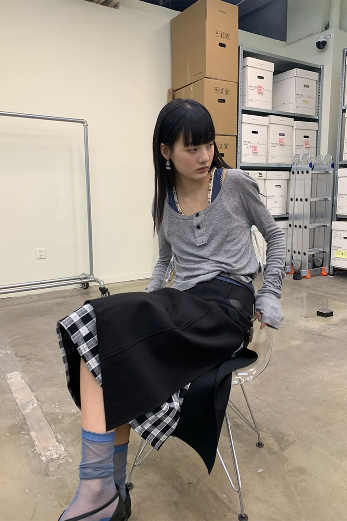 NEVERSEEZ Asymmetrical Toggled Layered Gingham Skirt