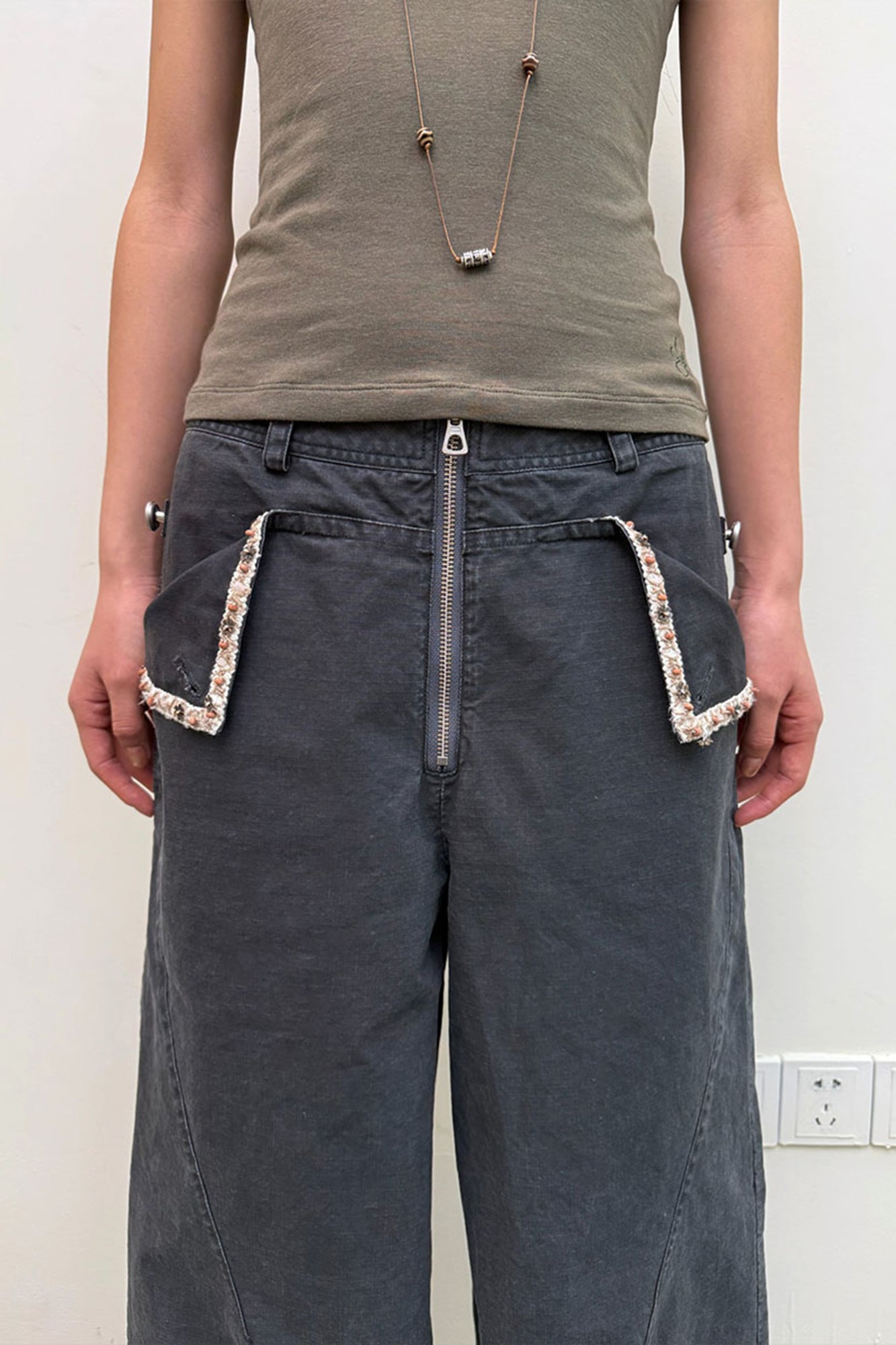 NEVERSEEZ Beaded-Trim Flap-Pocket Zip-Front Pants