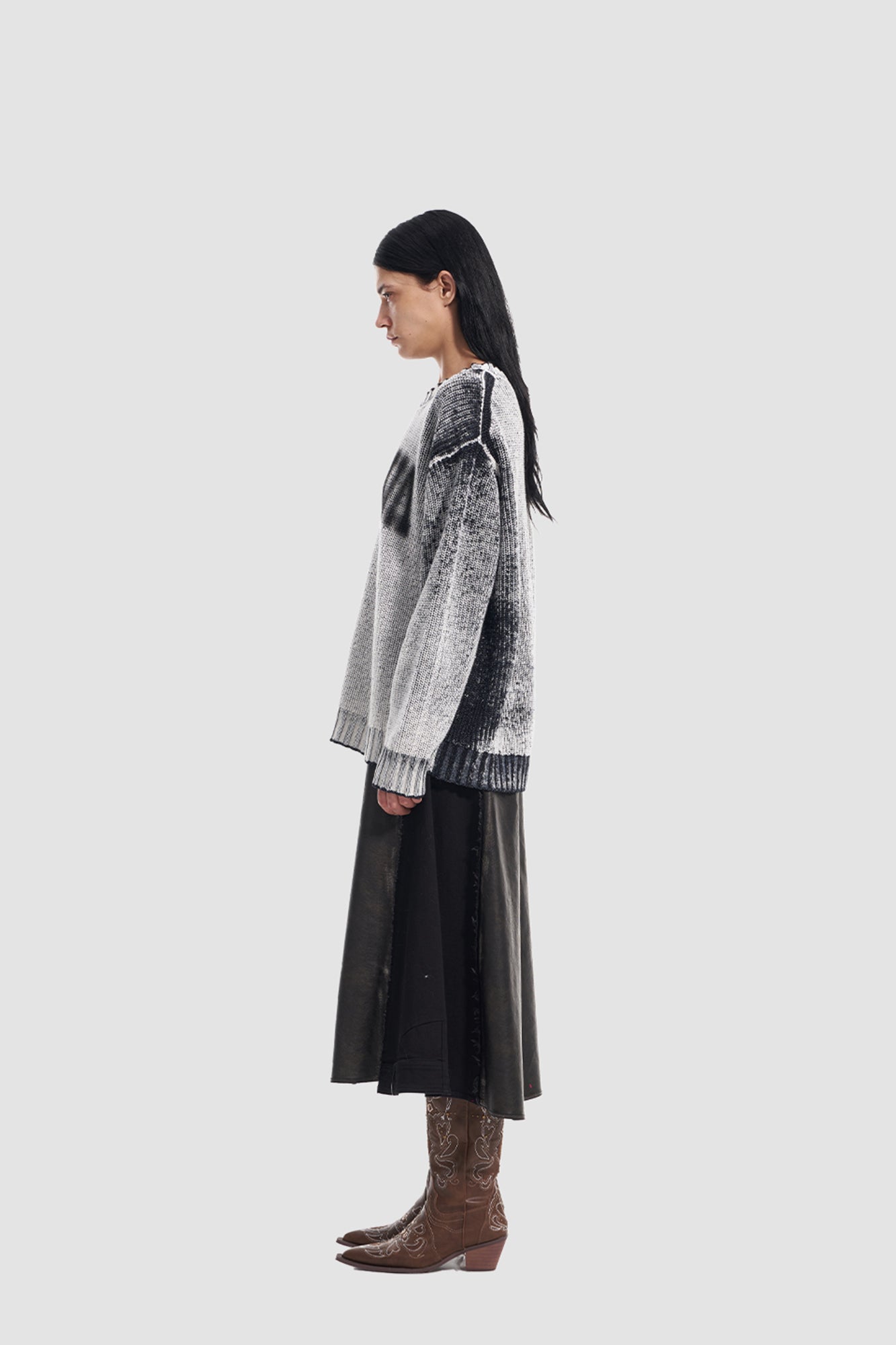 VANN VALRENCE Paneled Frayed Faux Leather A-Line Skirt