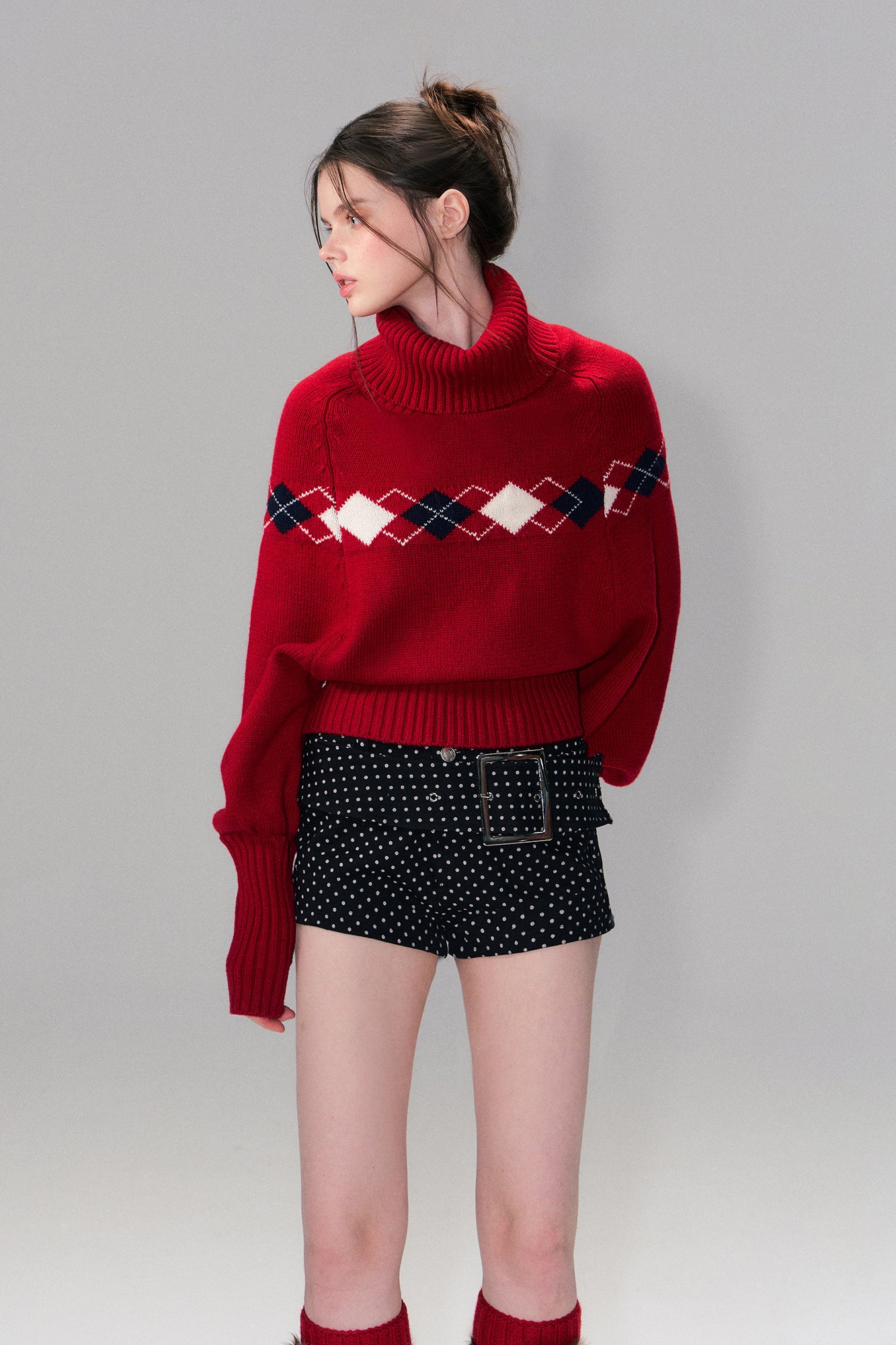 THE NEVERMORE Argyle Ribbed Balloon Sleeve Sweater