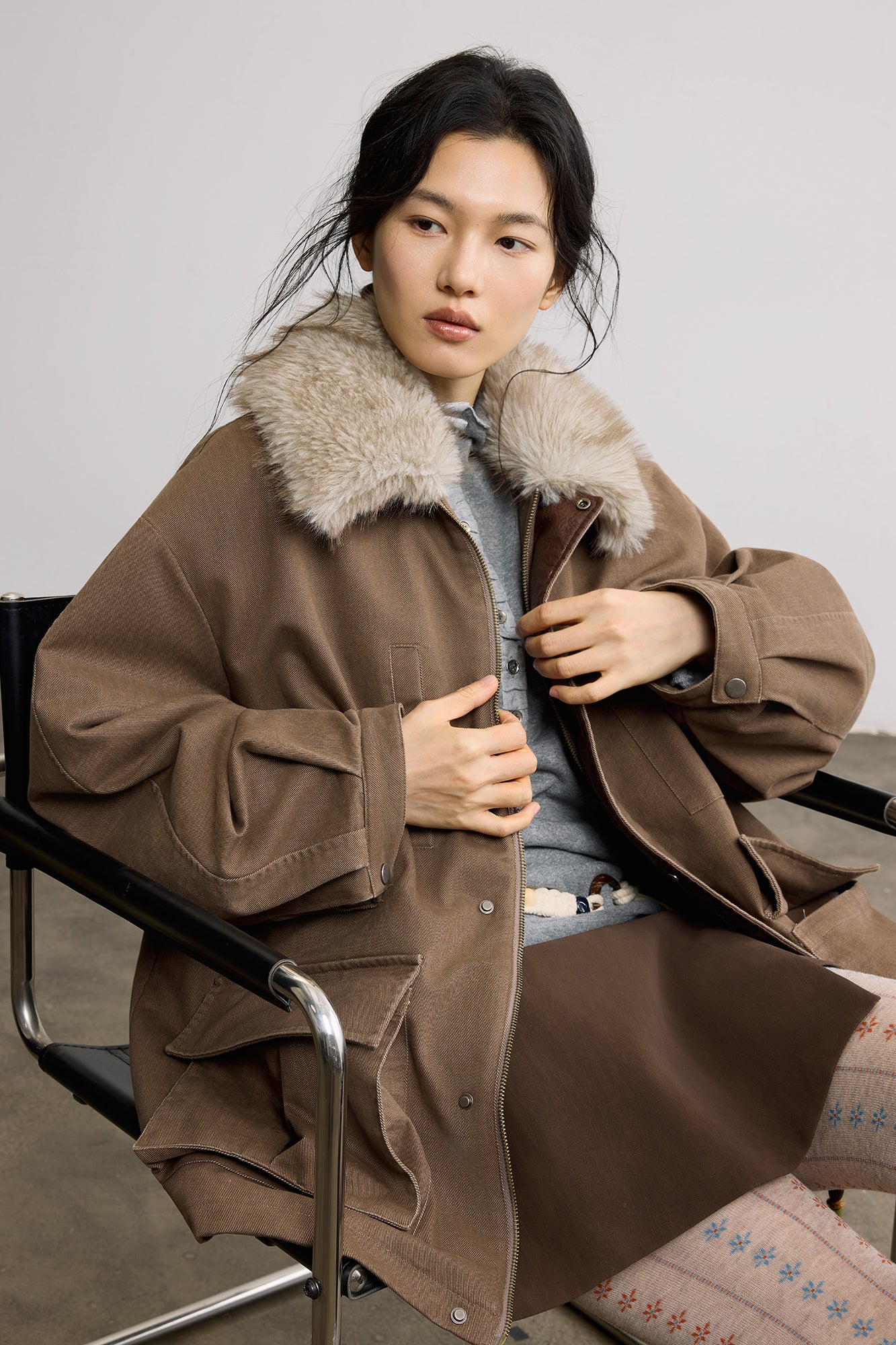 SAME FLOW Faux Fur Collar Oversized Utility Jacket