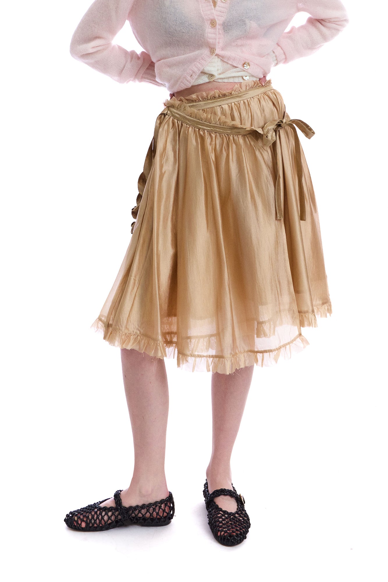 NEVERSEEZ Layered Sheer Ruffled Tie-Waist Skirt