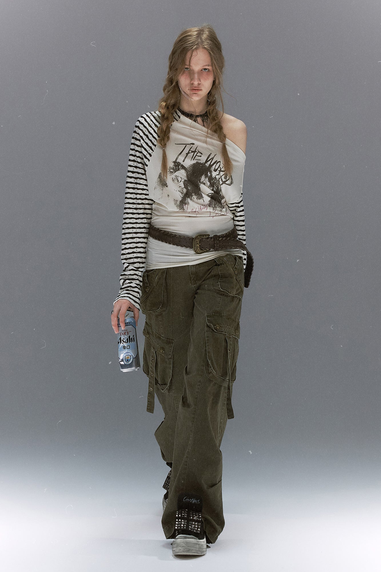 CESTNOUS Punk Graphic Spliced Striped Off-Shoulder Long-Sleeve Tee