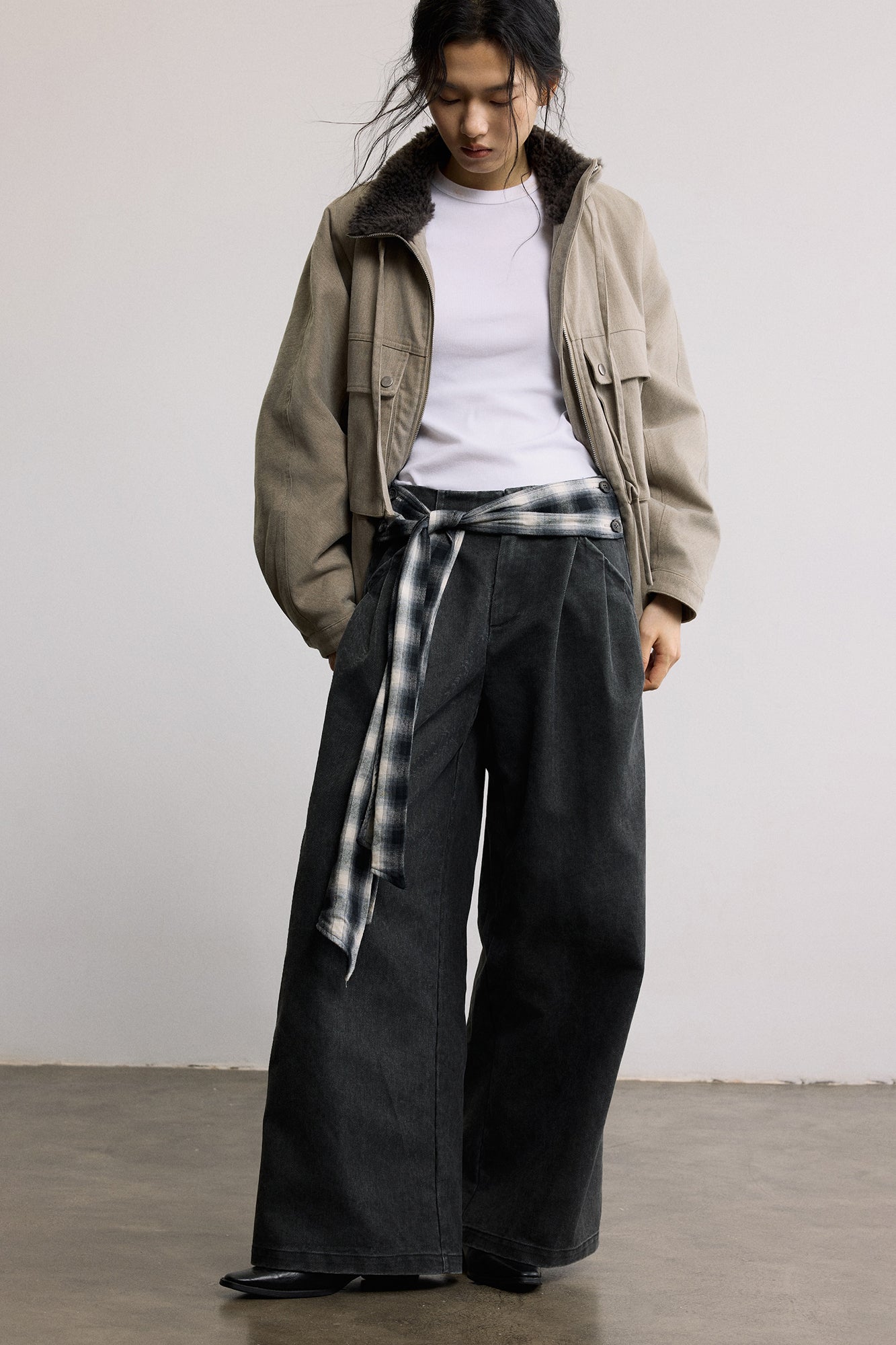 SAME FLOW Plaid Belt Pleated Wide-Leg Pants