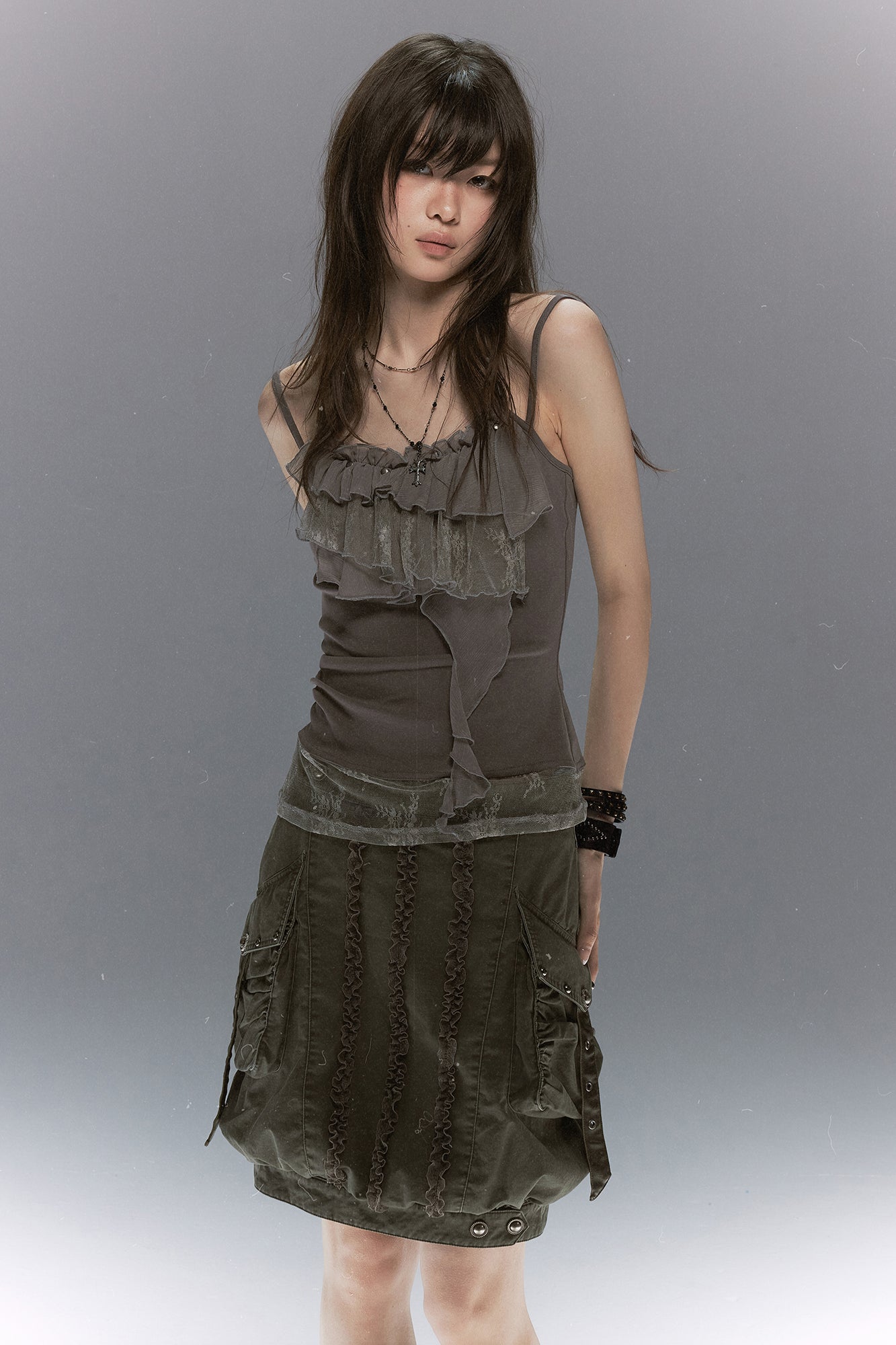 CESTNOUS Ruffled Lace Layered Beaded Camisole Top