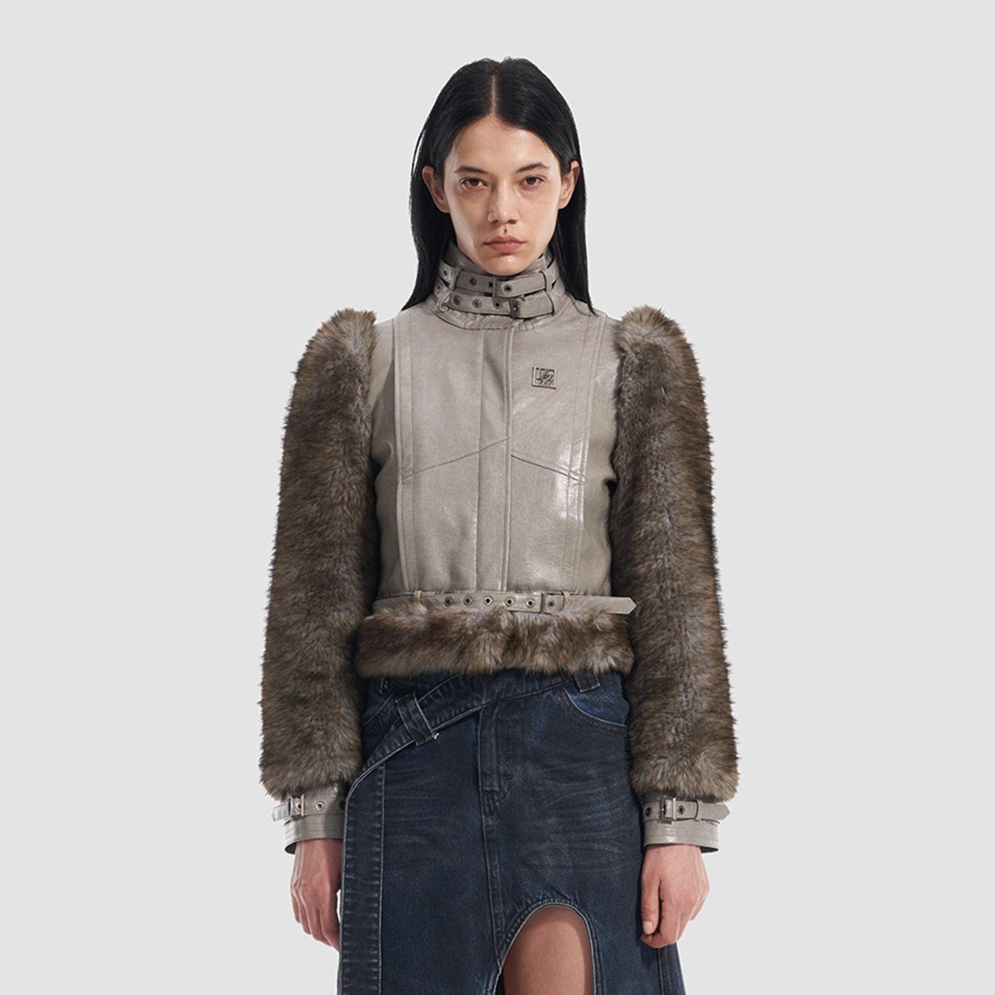 VANN VALRENCE Faux Leather Shearling Sleeve Cropped Jacket