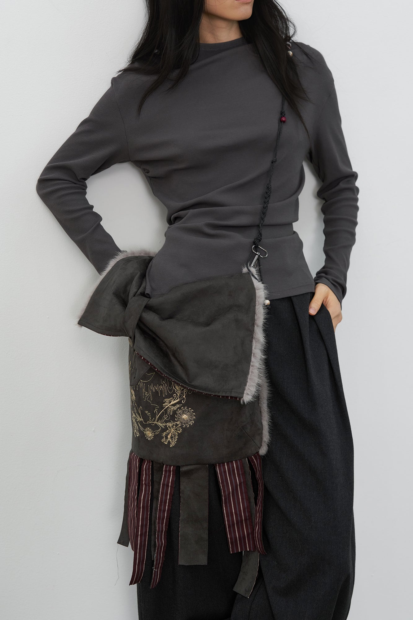 SAME FLOW Embroidered Faux Suede Fringe Messenger Bag