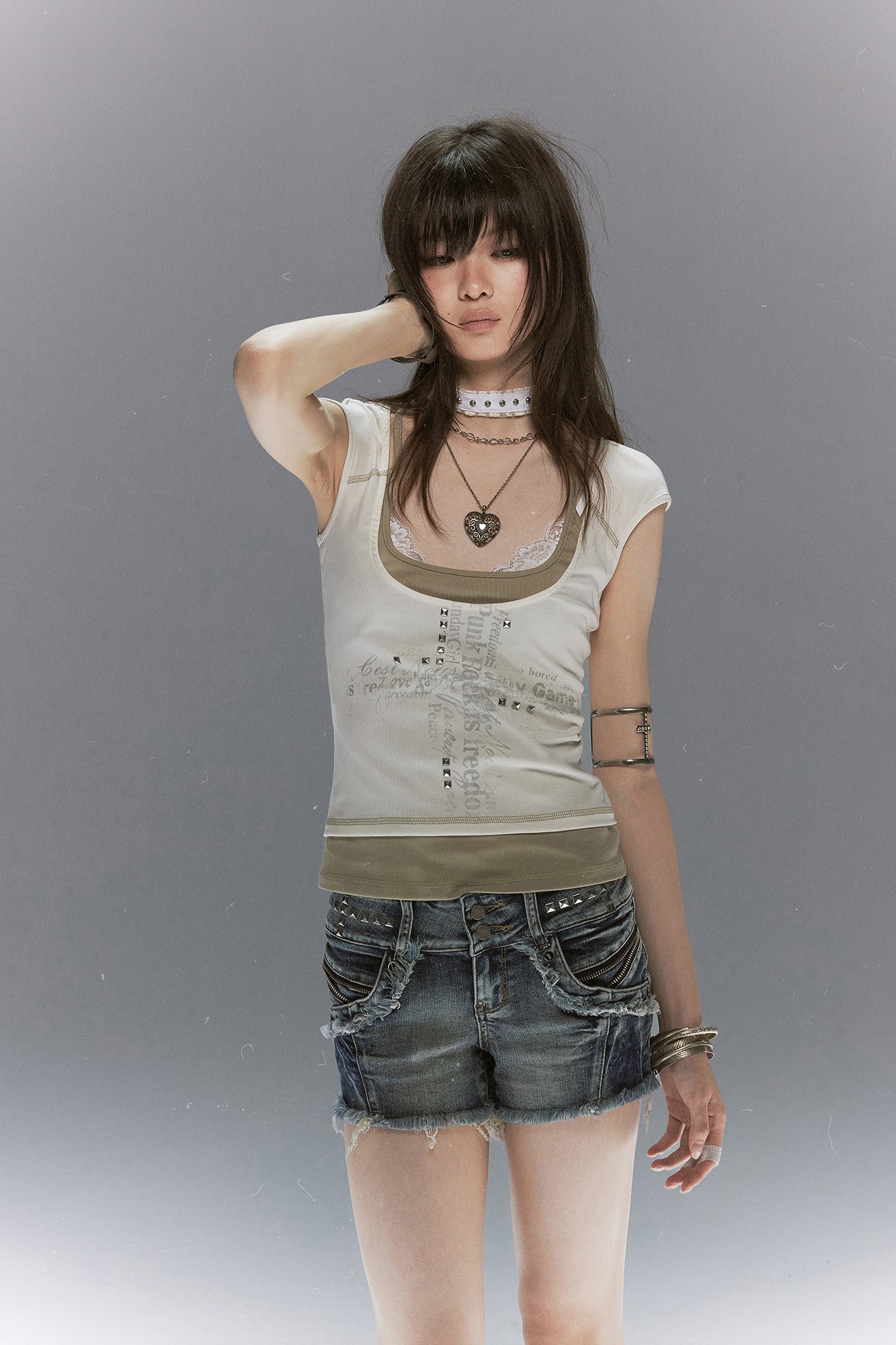 CESTNOUS Cross Graphic Rivet Faux Layered Tee