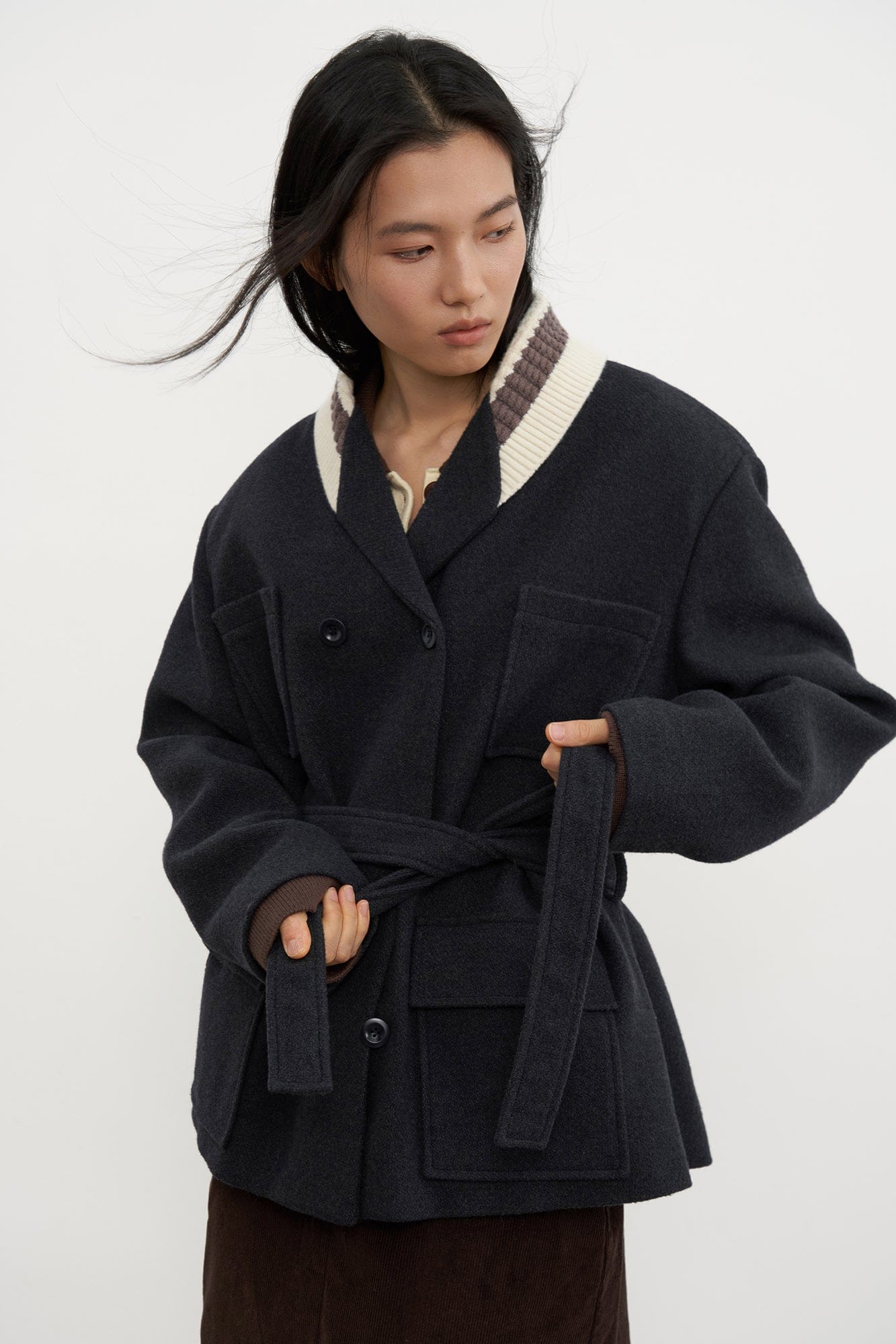 SAME FLOW Contrast Knit Collar Belt Wool-Blend Jacket
