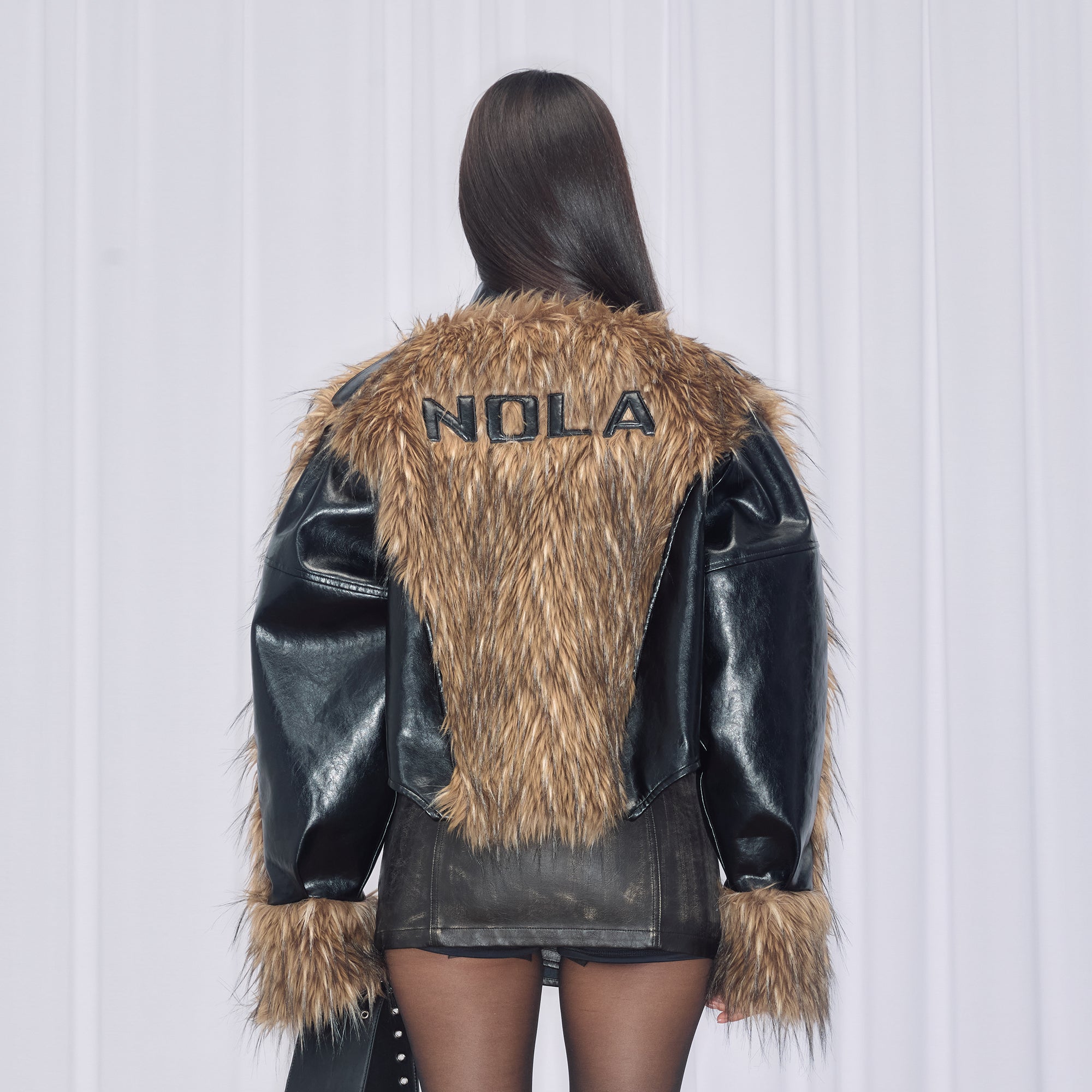 NEVER OFFEND L ANGEL Paneled Faux-Leather & Shag Fur Jacket