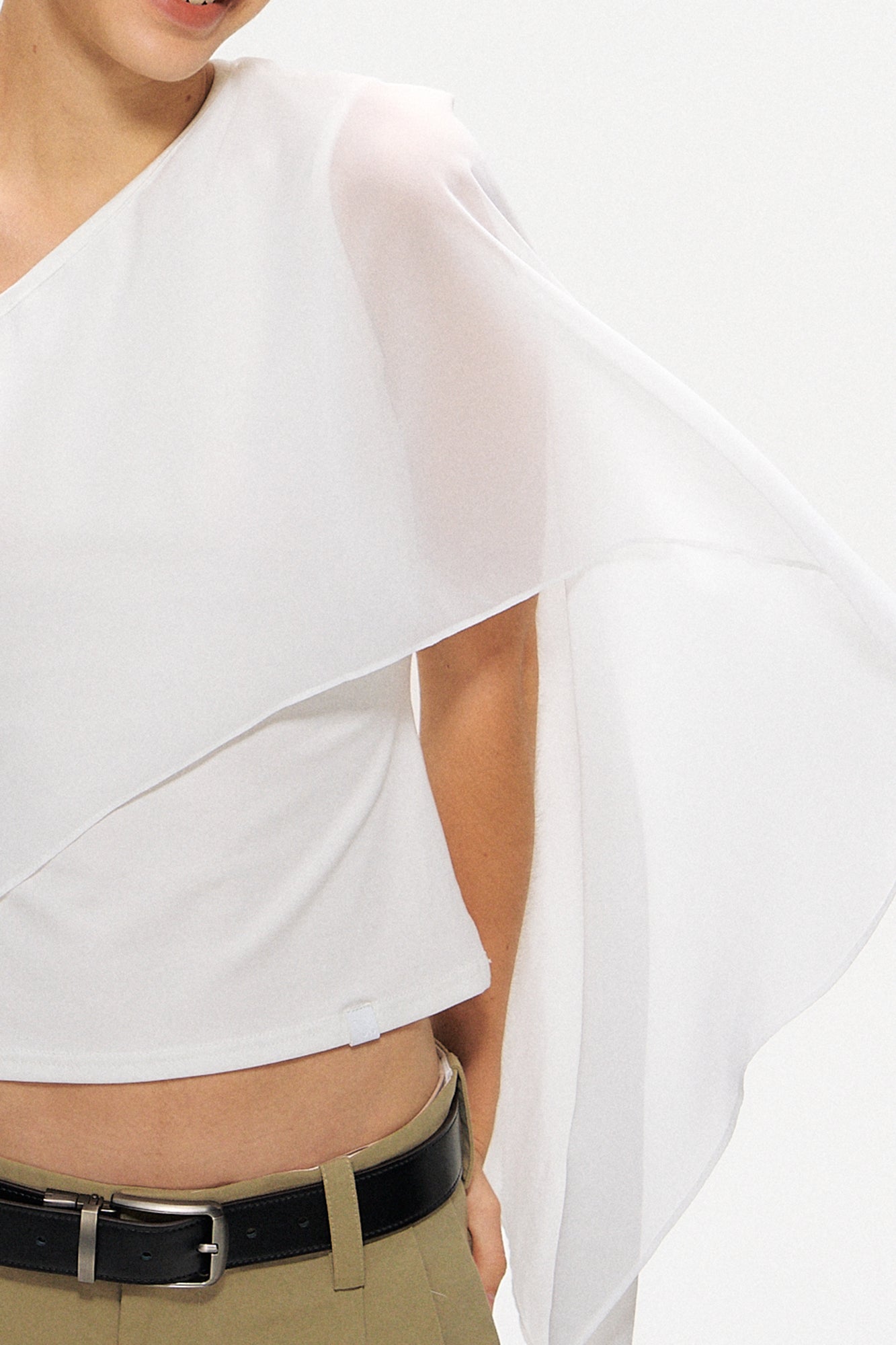10AMSOTIIIIIIRED Asymmetrical Draped Cape-Sleeve Top