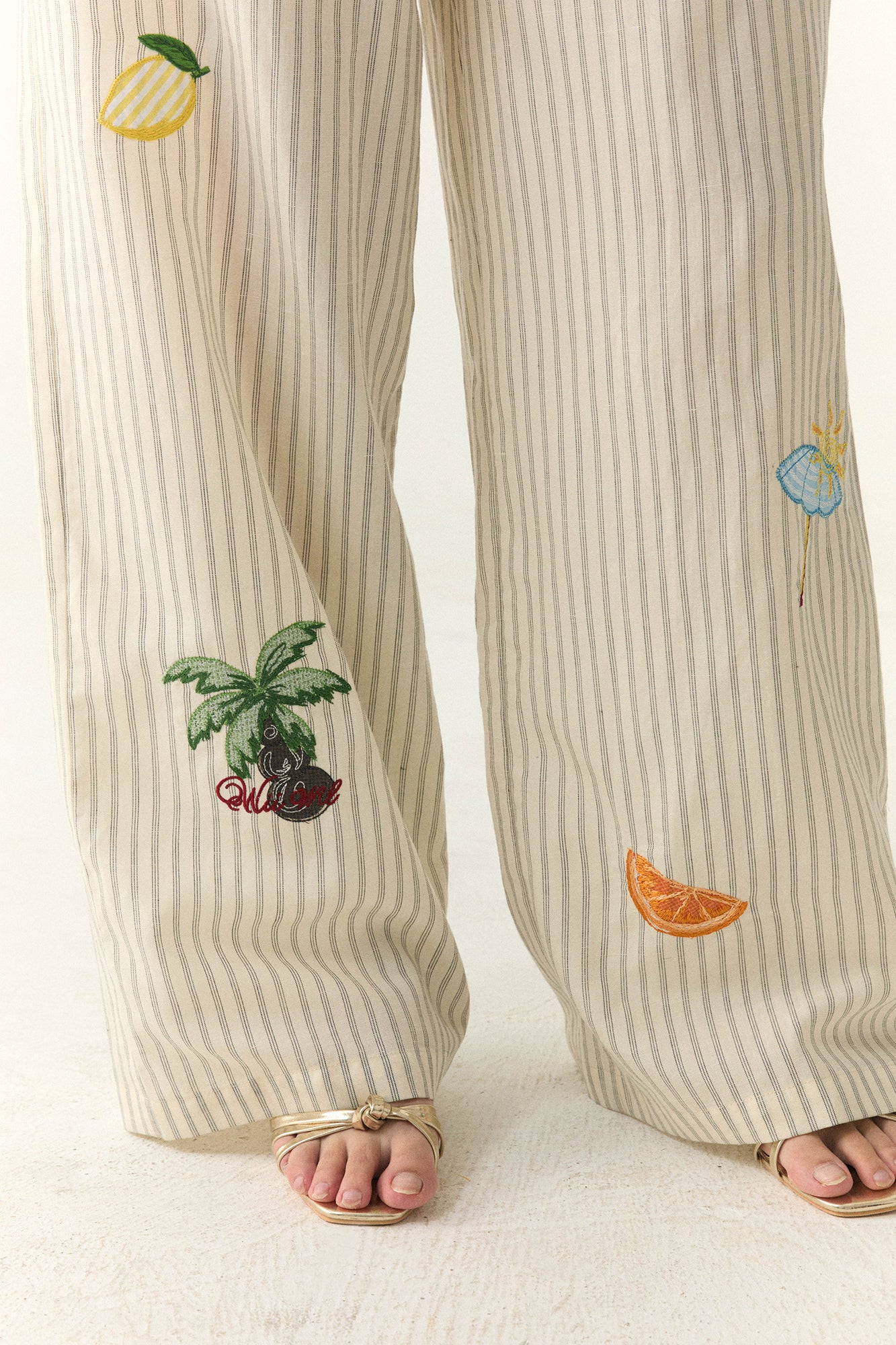 WII WIL Tropical Embroidered Stripe Wide-Leg Pants