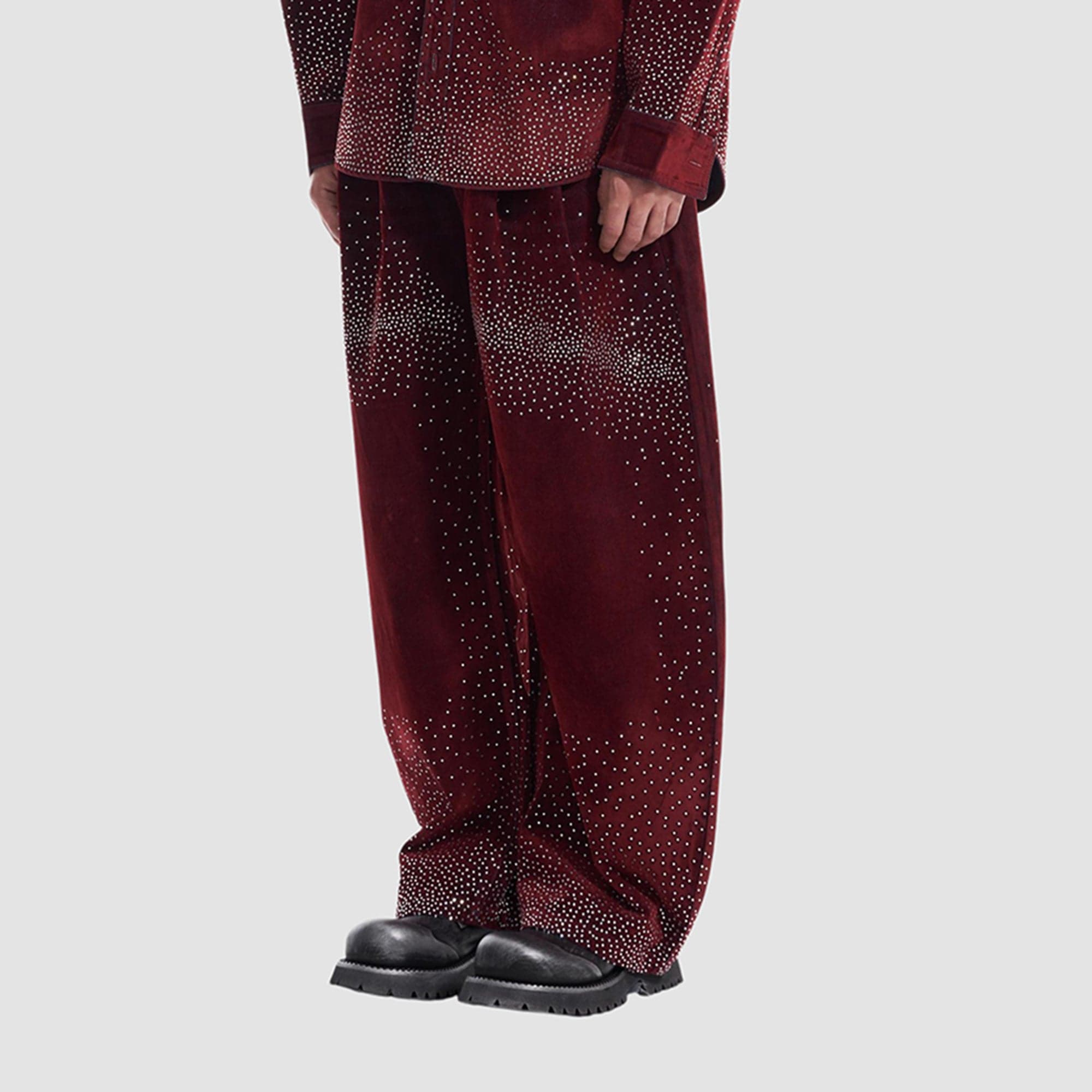 VANN VALRENCE Diamond-Studded Velvet Barrel Leg Trousers