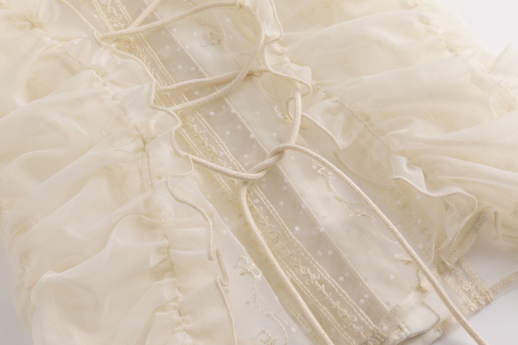 CESTNOUS Sheer Lace Ruched Puff-Sleeve Blouse