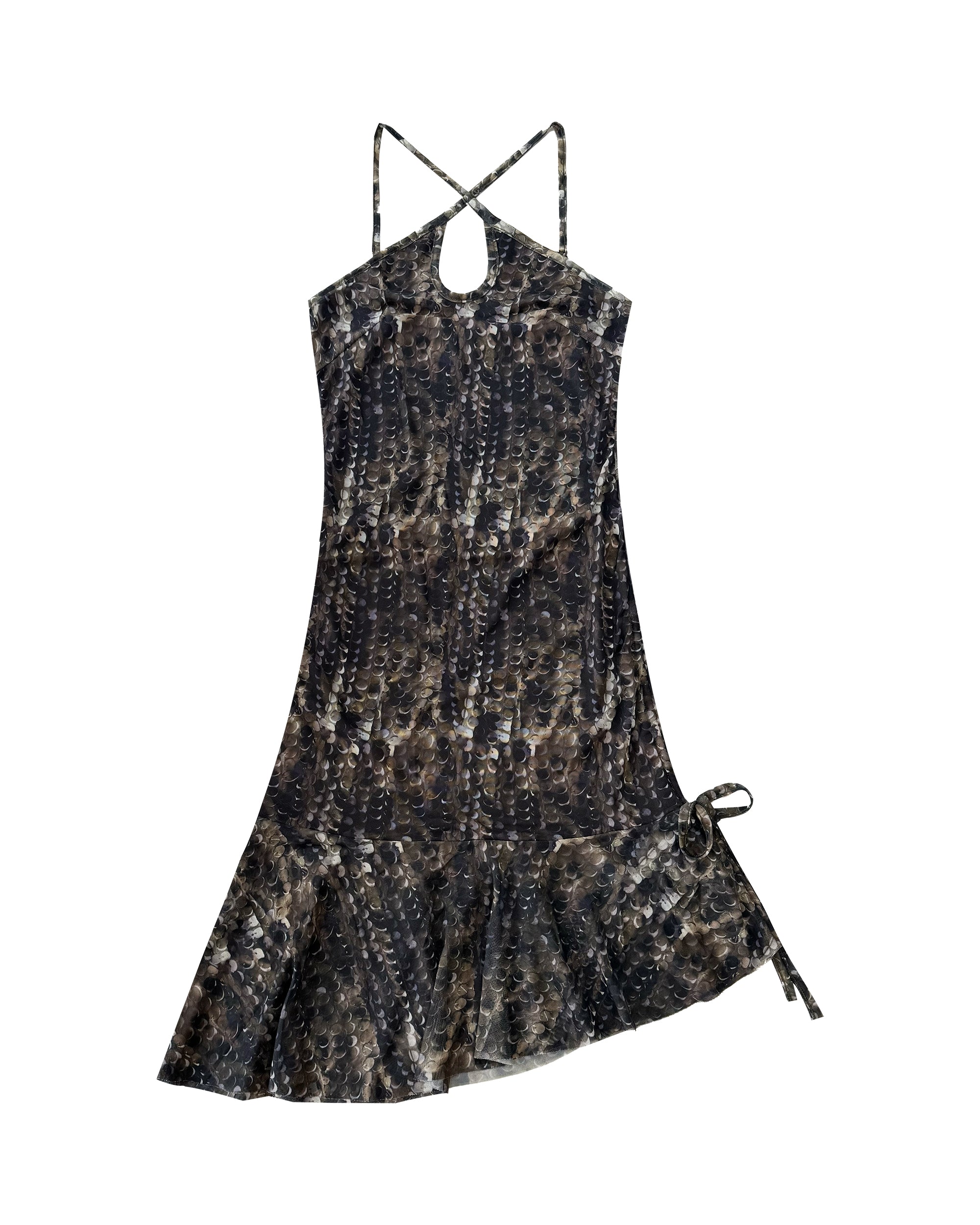JIUWU PARK Ruched Wave Mesh Halter Dress
