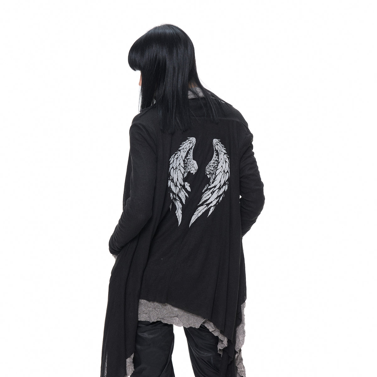 3MODE Reversible Wing-Print Hooded Irregular Cardigan Jacket