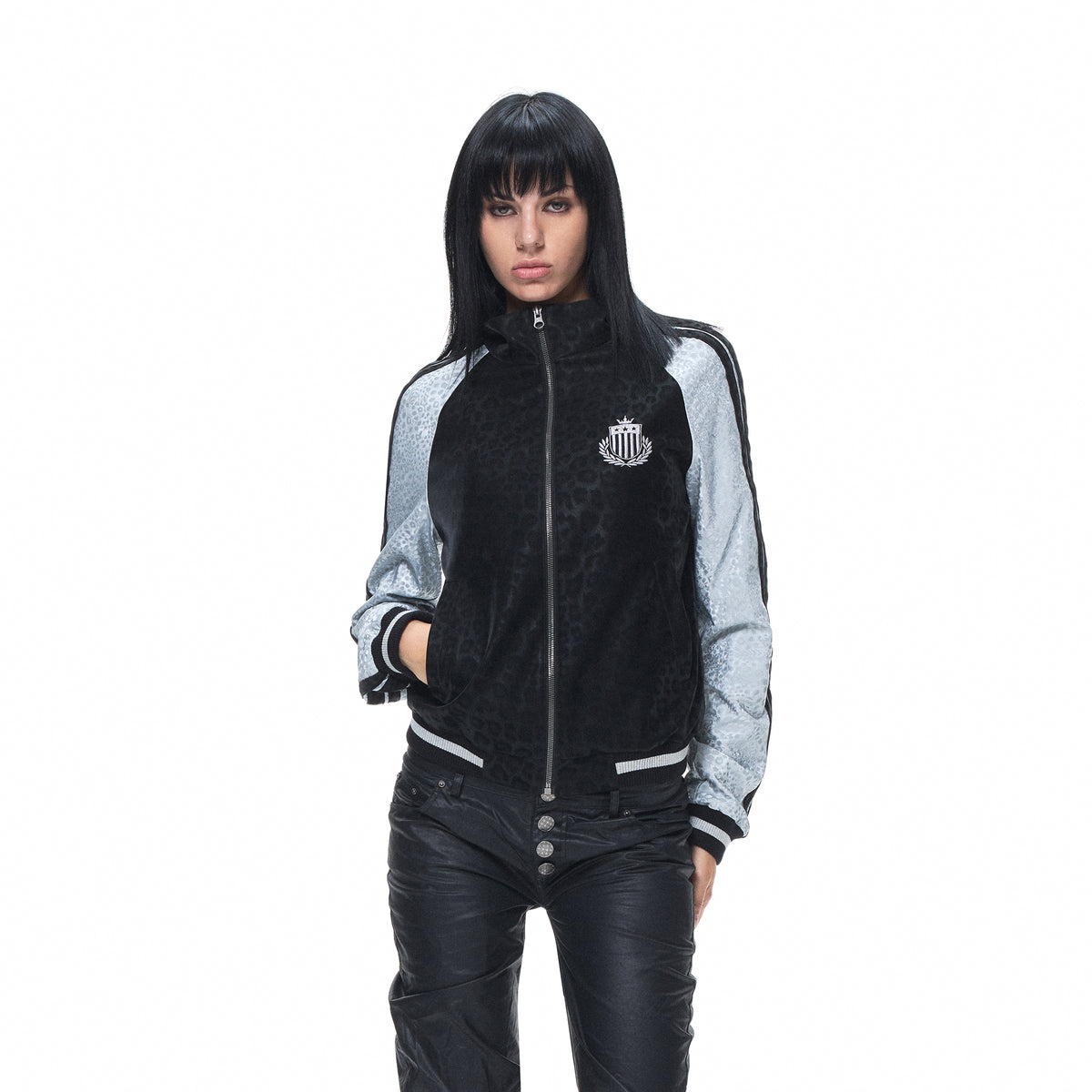 3MODE Leopard-Print Spliced Embroidered Badge PU Jacket