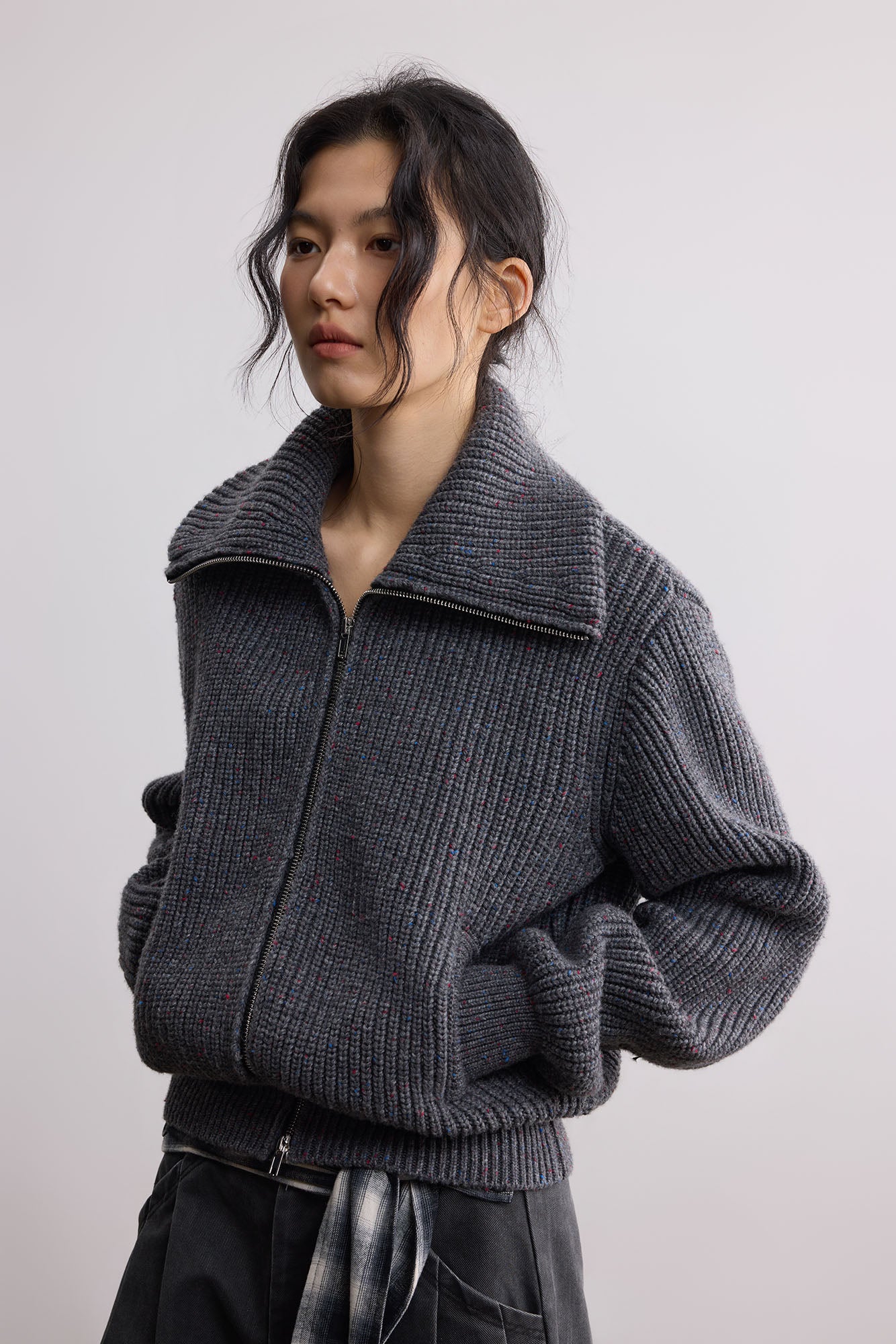 SAME FLOW Ribbed Oversized Polo Zip-Up Cardigan