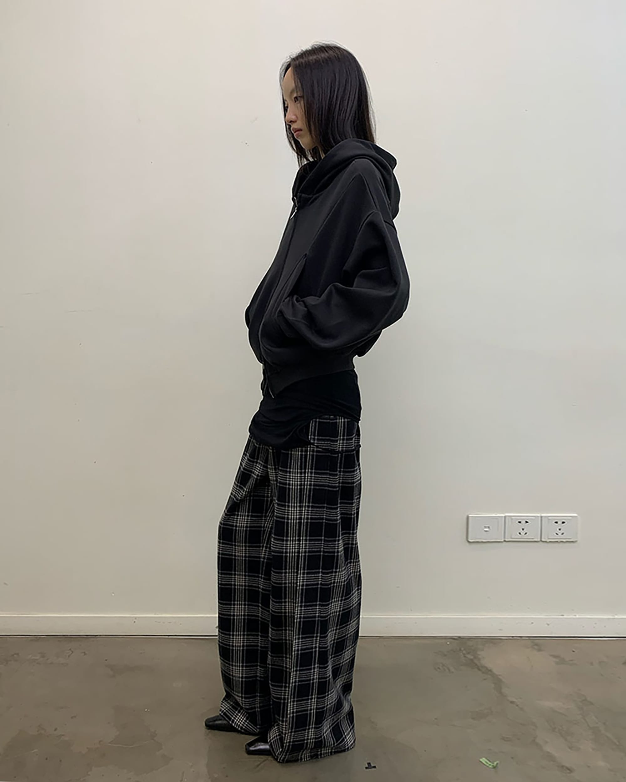 NEVERSEEZ Plaid Ribbed Waist Straight-Leg Pants