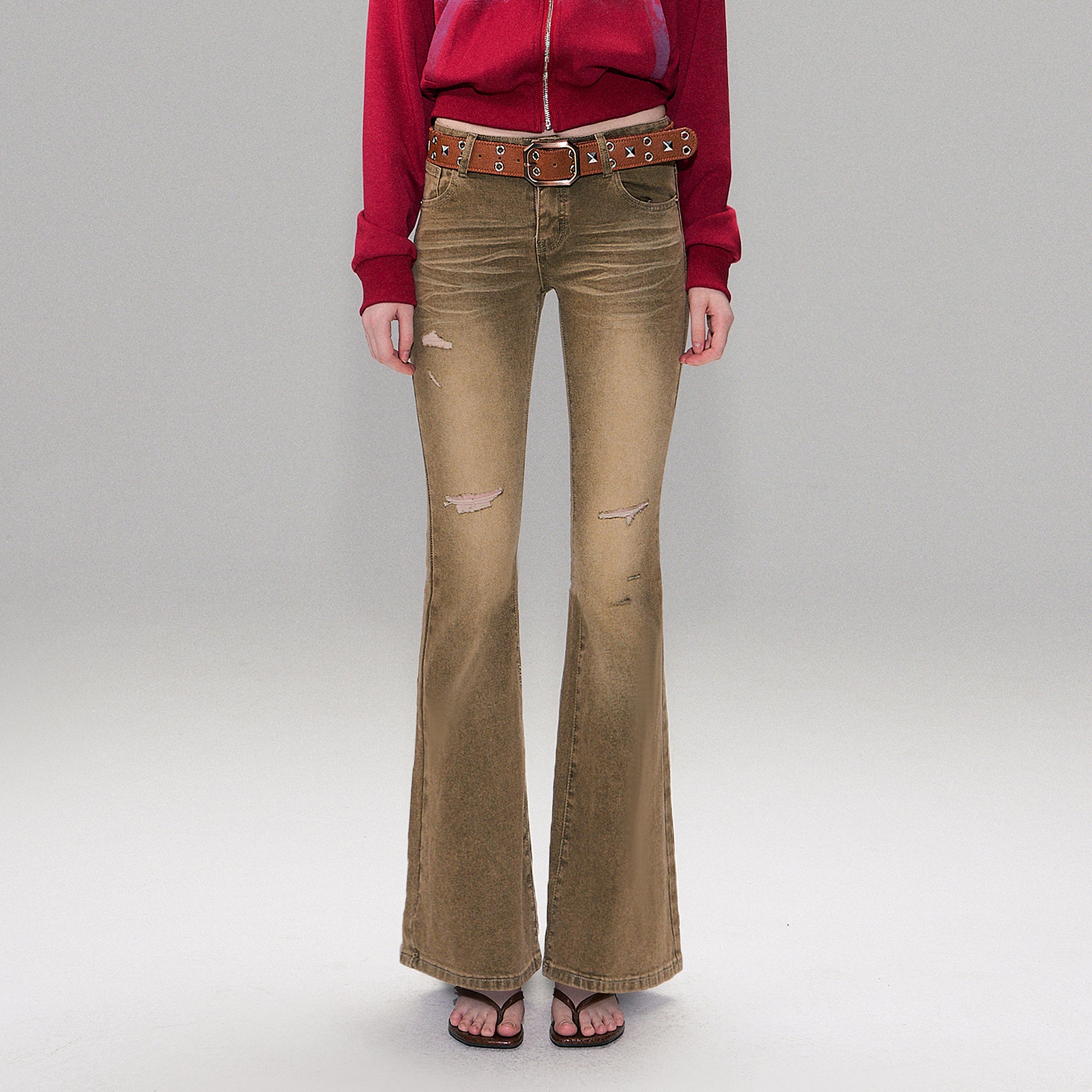 THE NEVERMORE Distressed Wrinkle-Wash Flared Jeans