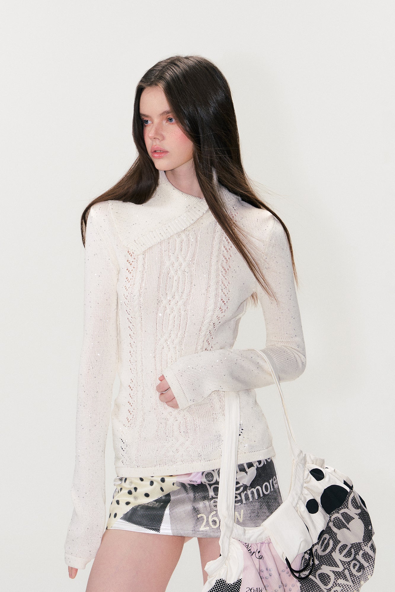 THE NEVERMORE Asym Collar Shimmer Cable-Knit Sweater