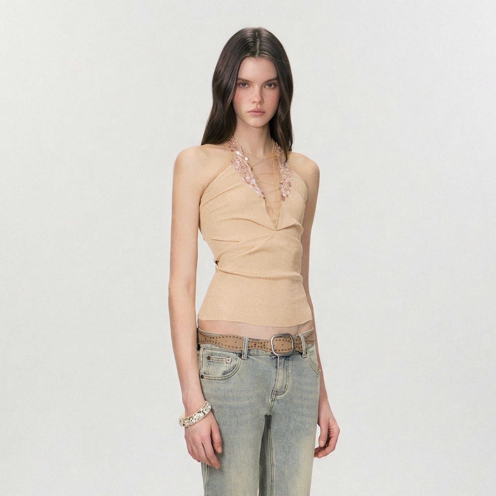 THE NEVERMORE Sequin Lace-Up Plunge Halter Knit Top