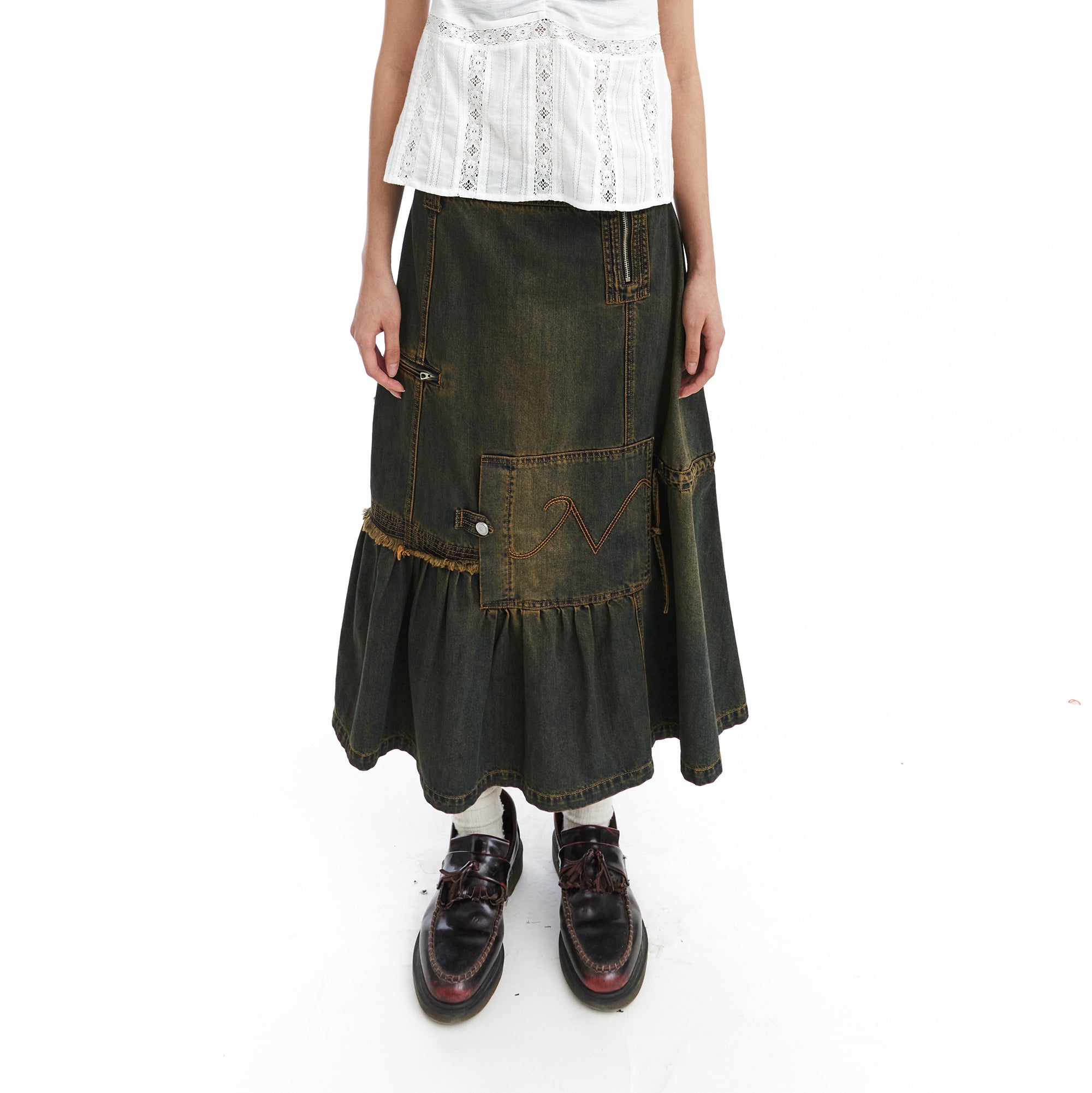 NEVERSEEZ Retro Wash Asymmetrical Denim Midi Skirt