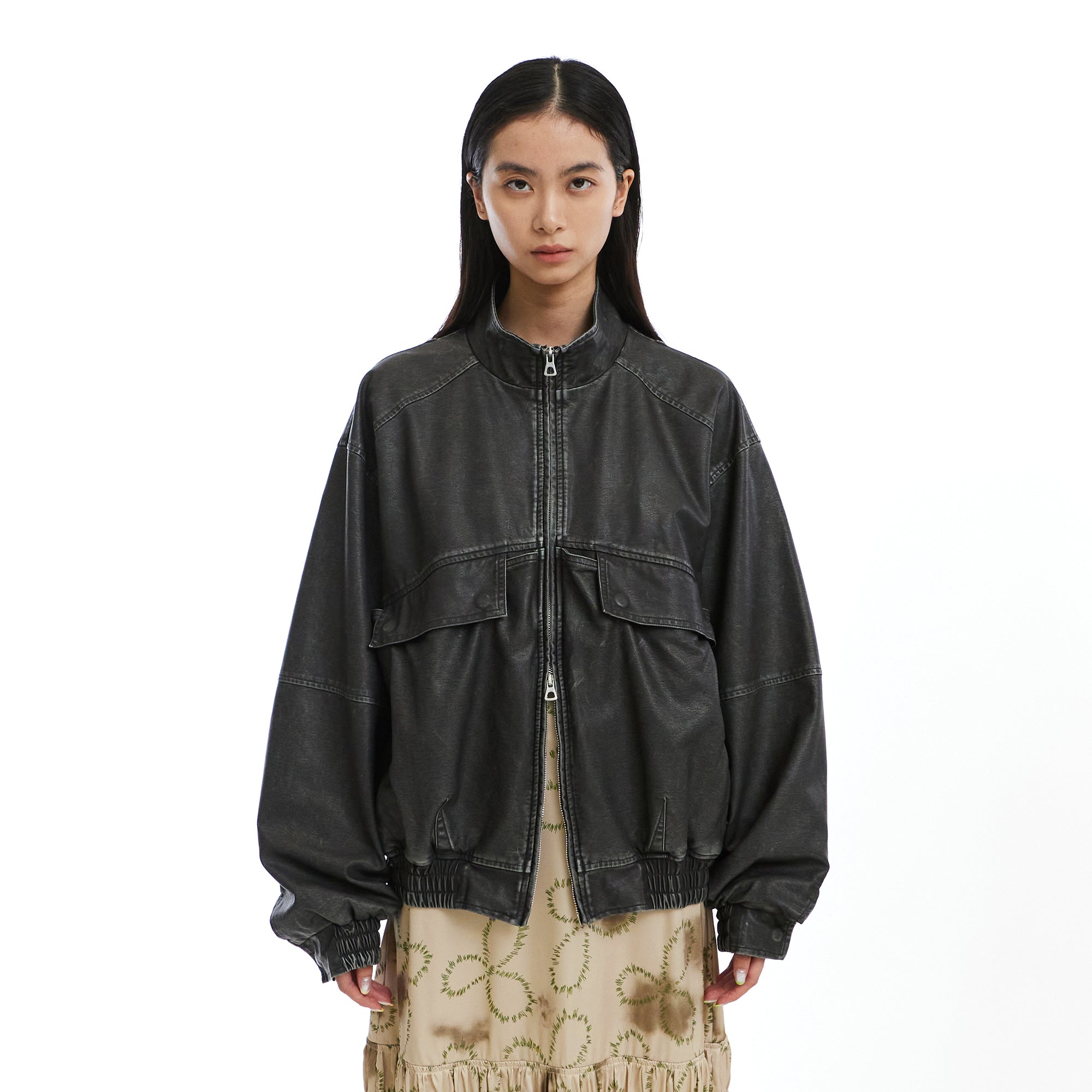 NEVERSEEZ Washed Faux Leather Zip-Up Bomber Jacket