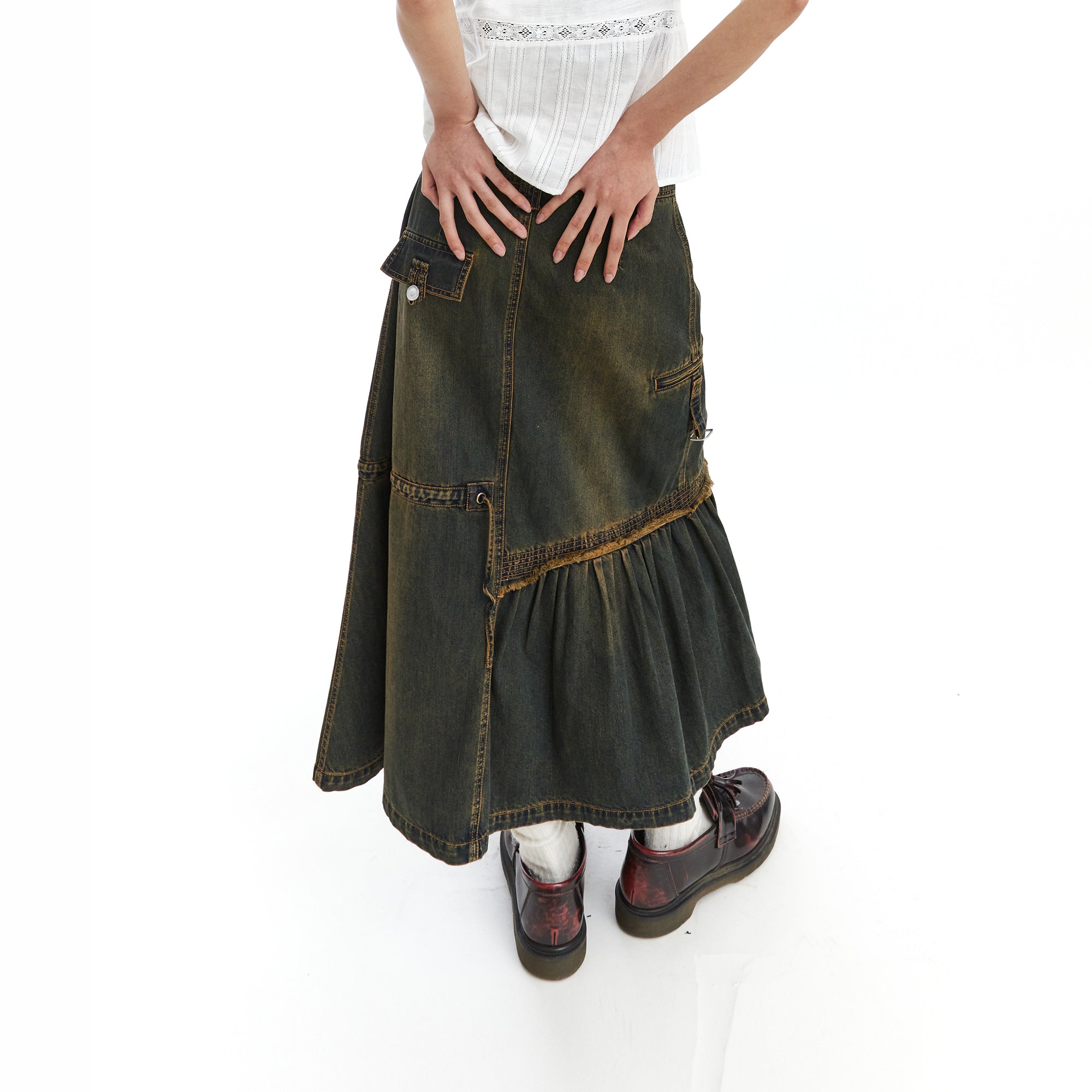 NEVERSEEZ Retro Wash Asymmetrical Denim Midi Skirt