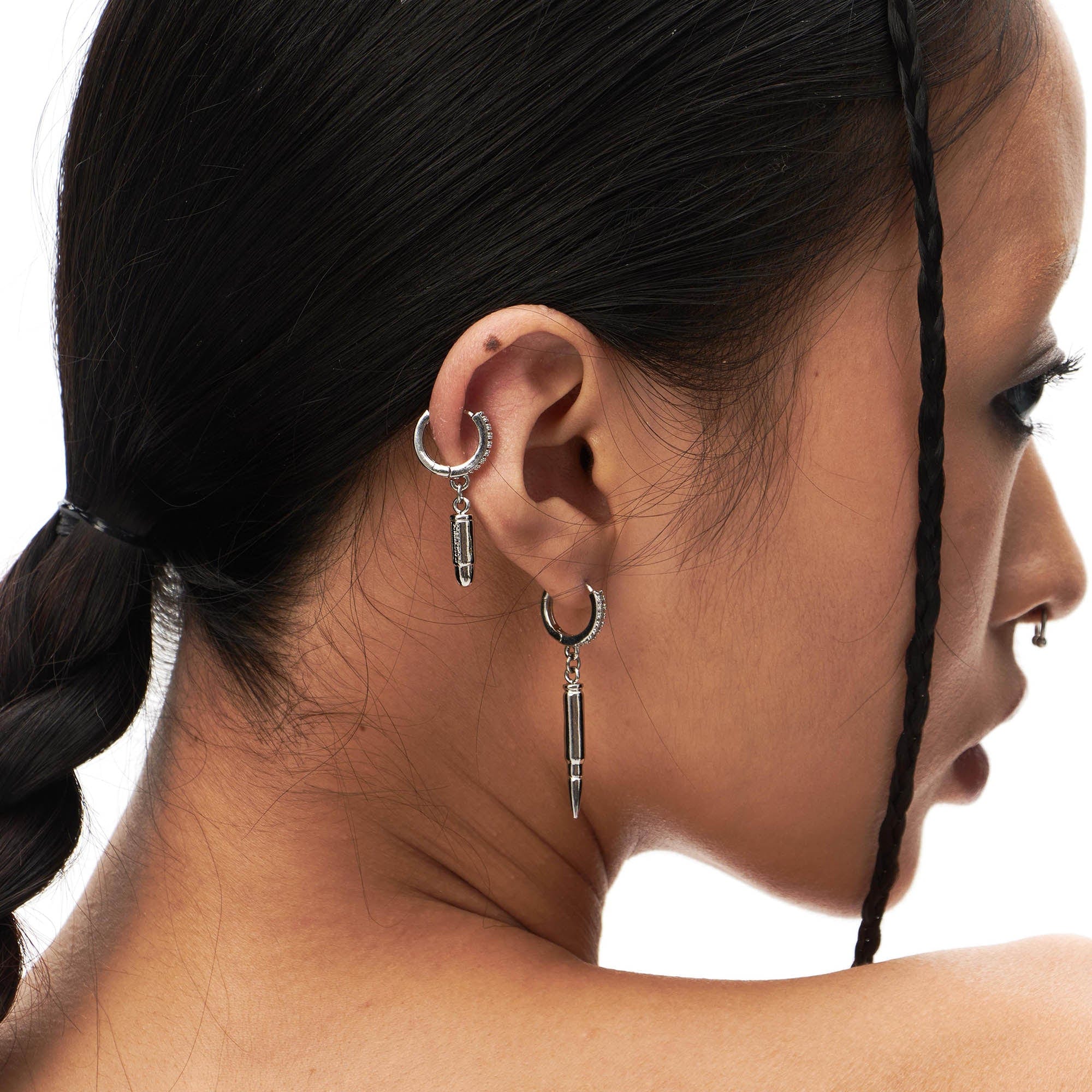 SCHWARZGOLD Diamond Bullet Drop Hoop Earrings, premium urban and streetwear designers apparel on PROJECTISR.com, SCHWARZGOLD