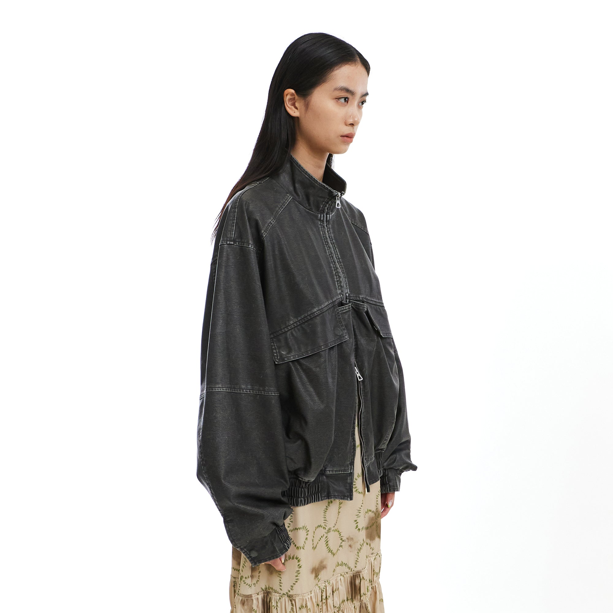 NEVERSEEZ Washed Faux Leather Zip-Up Bomber Jacket