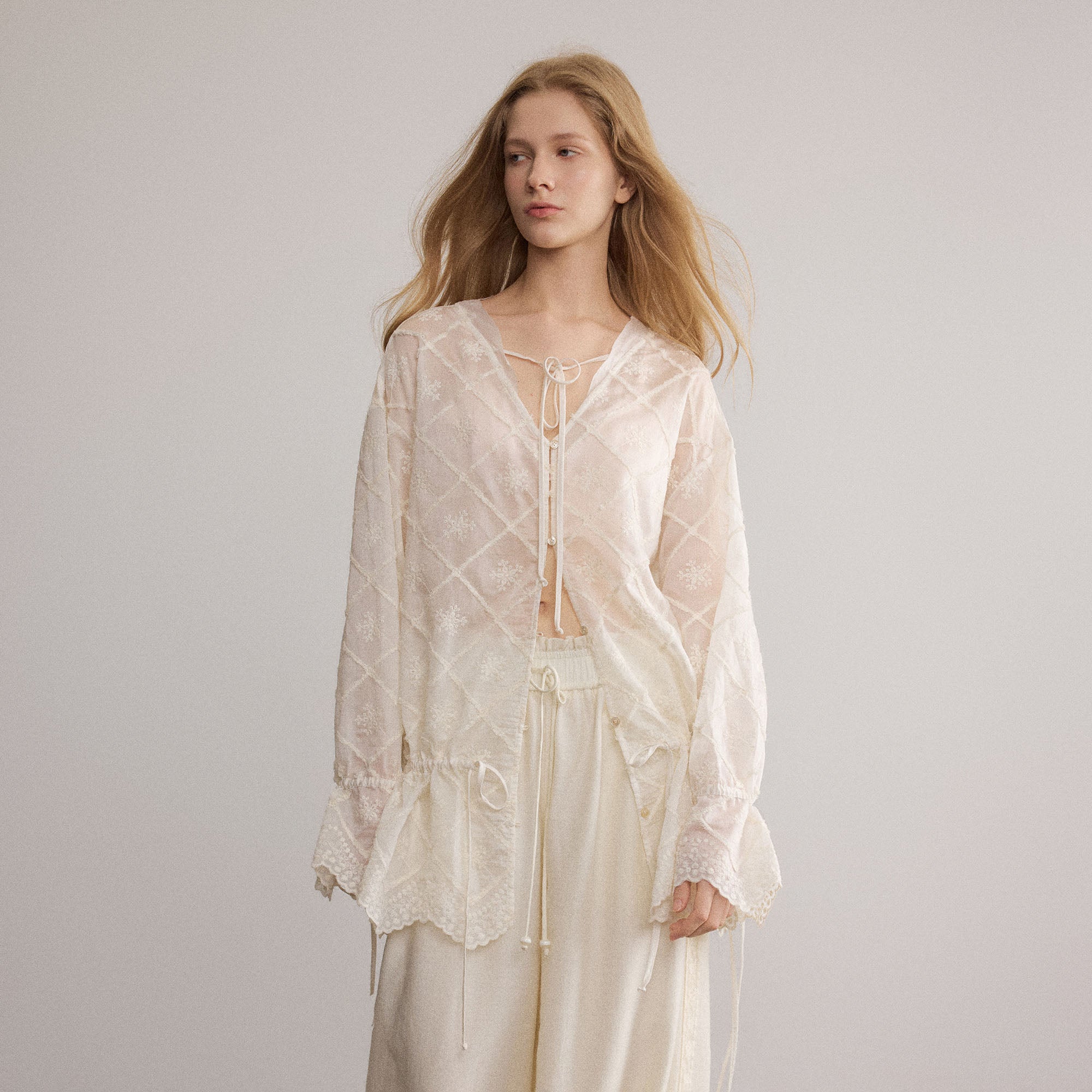 SAME FLOW Sheer Embroidered Tie-Front Lace-Hem Shirt