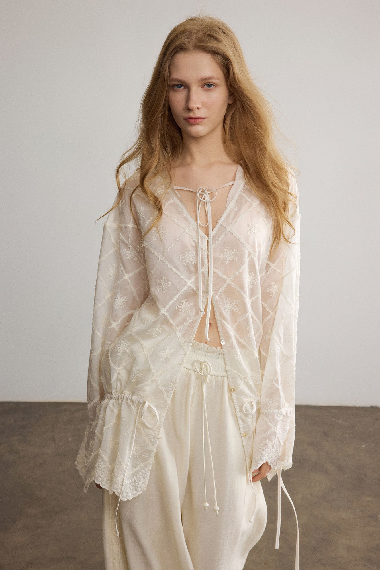SAME FLOW Sheer Embroidered Tie-Front Lace-Hem Shirt