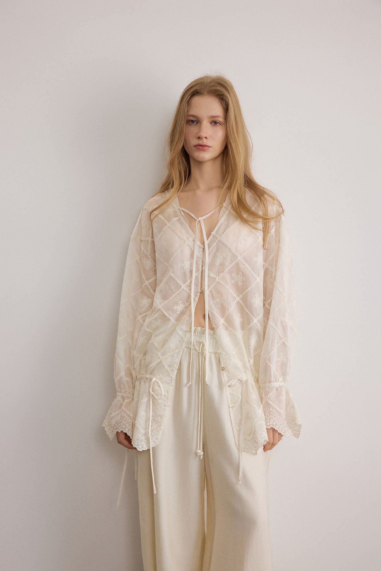SAME FLOW Sheer Embroidered Tie-Front Lace-Hem Shirt