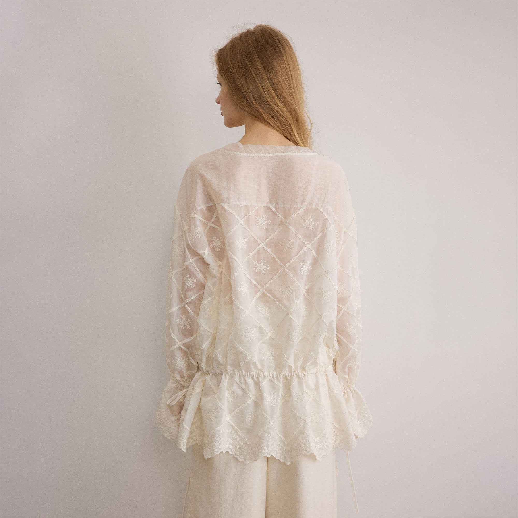 SAME FLOW Sheer Embroidered Tie-Front Lace-Hem Shirt