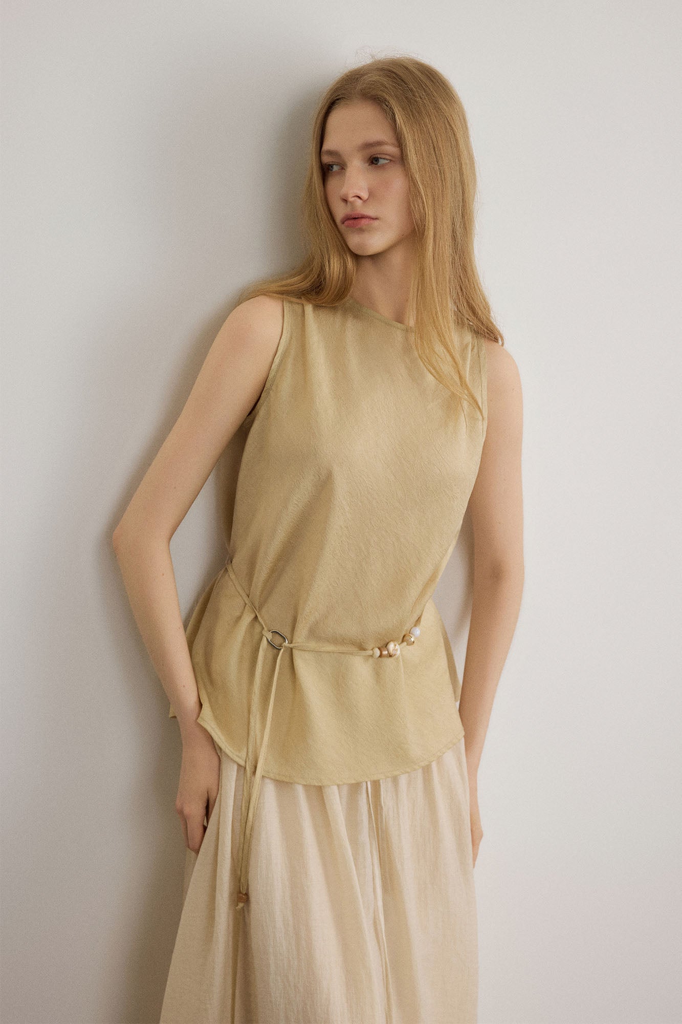 SAME FLOW Paisley Jacquard Beaded-Belt Sleeveless Top